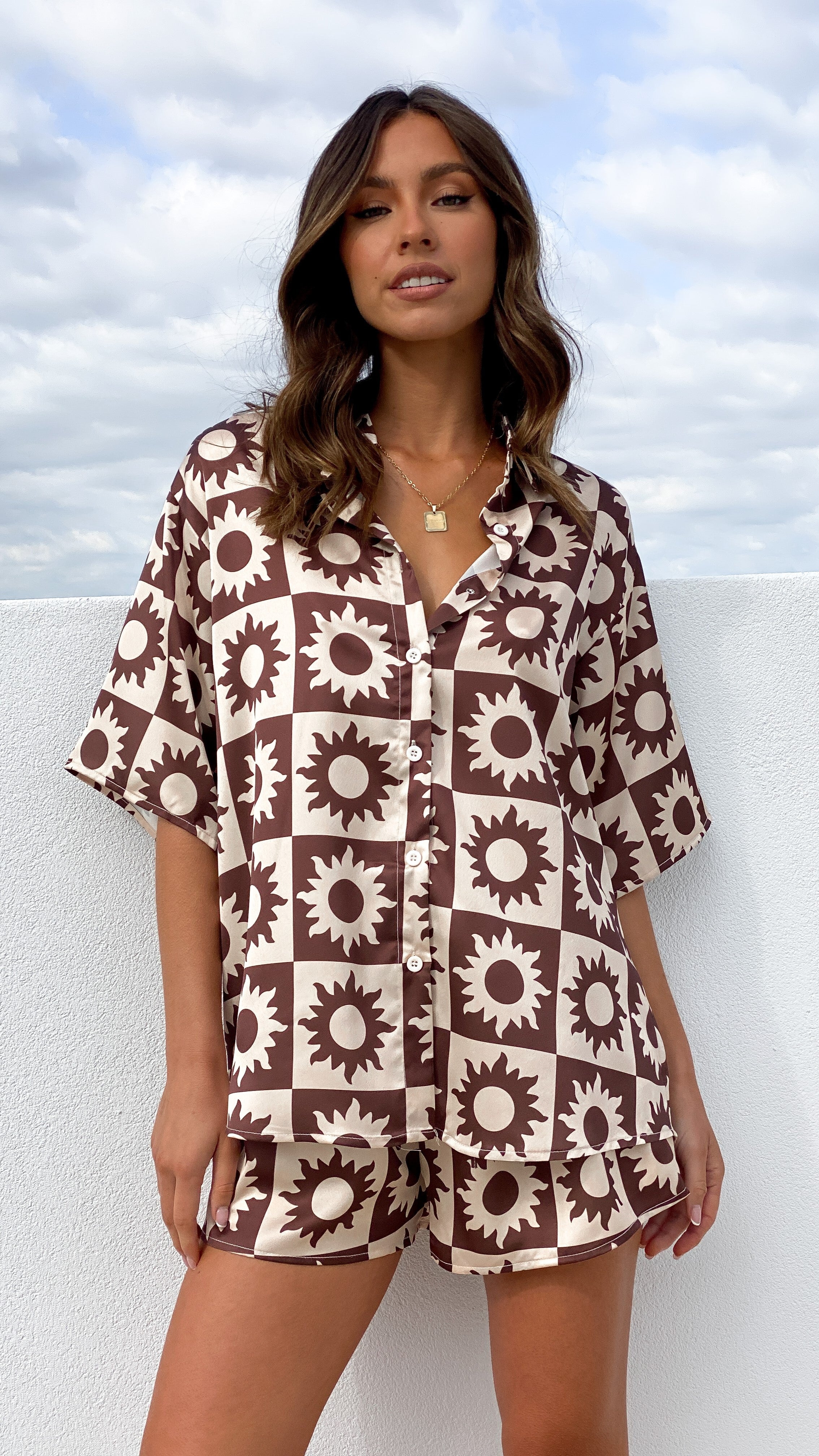 Charice Button Up Shirt and Shorts Set - Brown/Beige