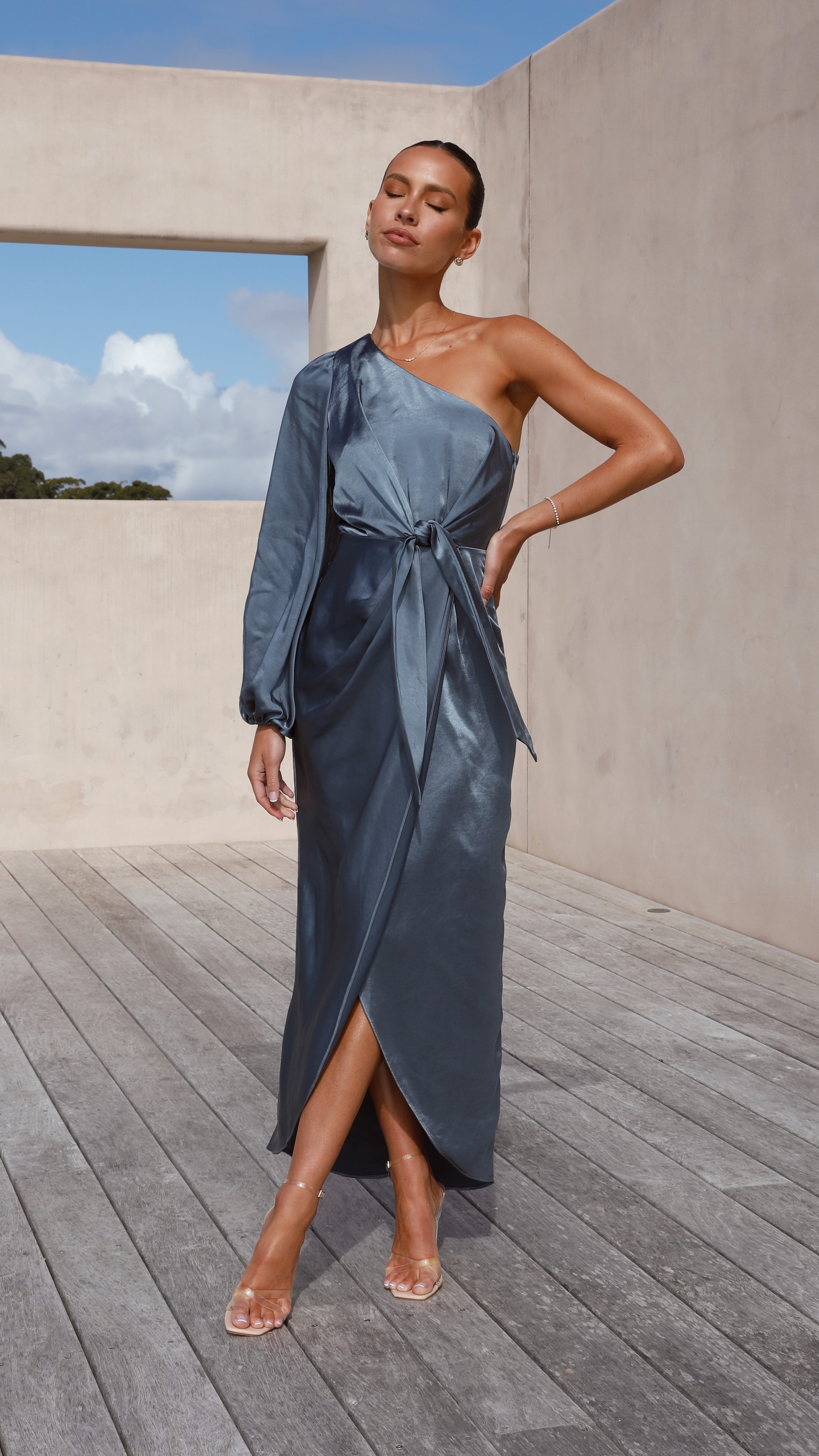 Heidi One Shoulder Maxi Dress - Slate Blue
