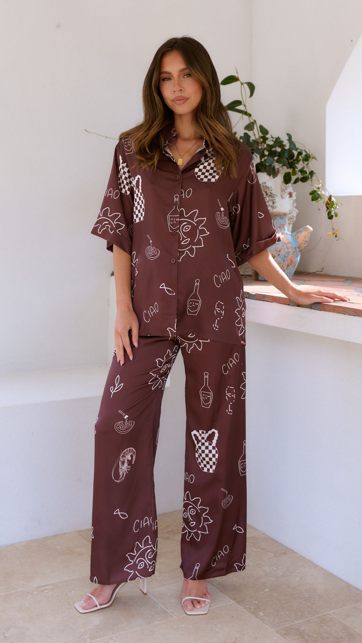 Bailie Shirt and Pants Set - Brown/White