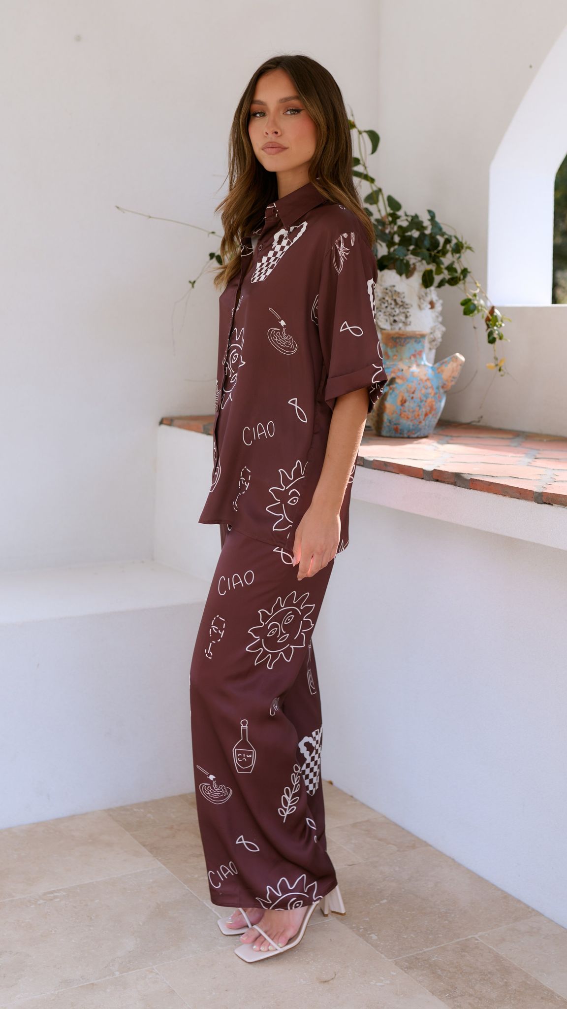 Bailie Shirt and Pants Set - Brown/White