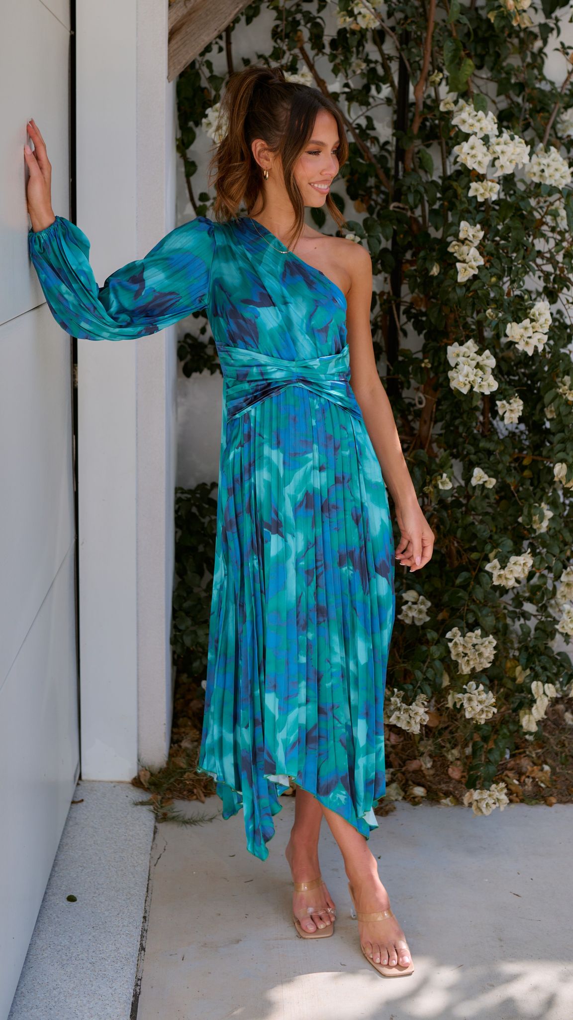 Brooklyn One Shoulder Midi Dress - Blue Floral