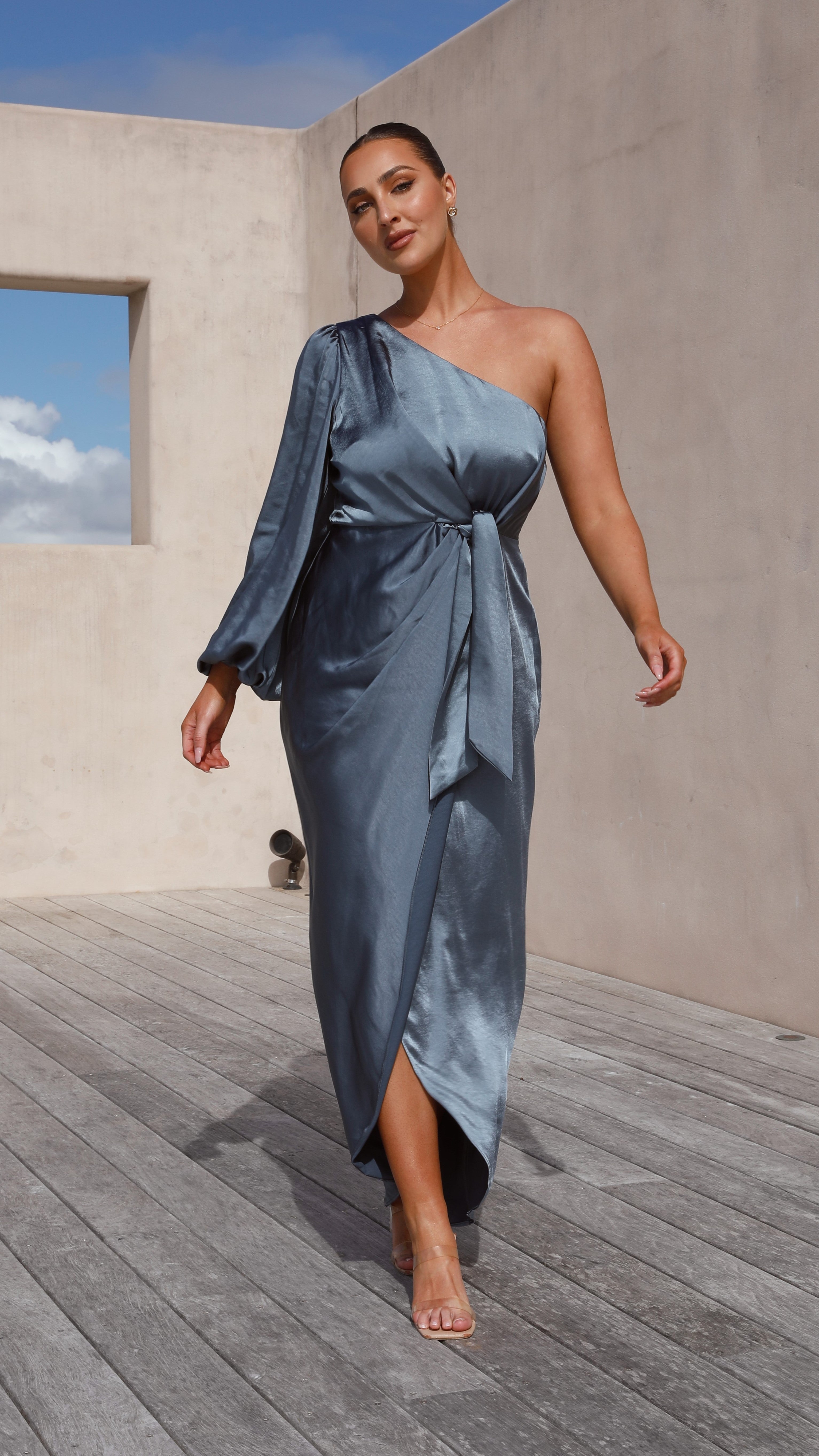 Heidi One Shoulder Maxi Dress - Slate Blue