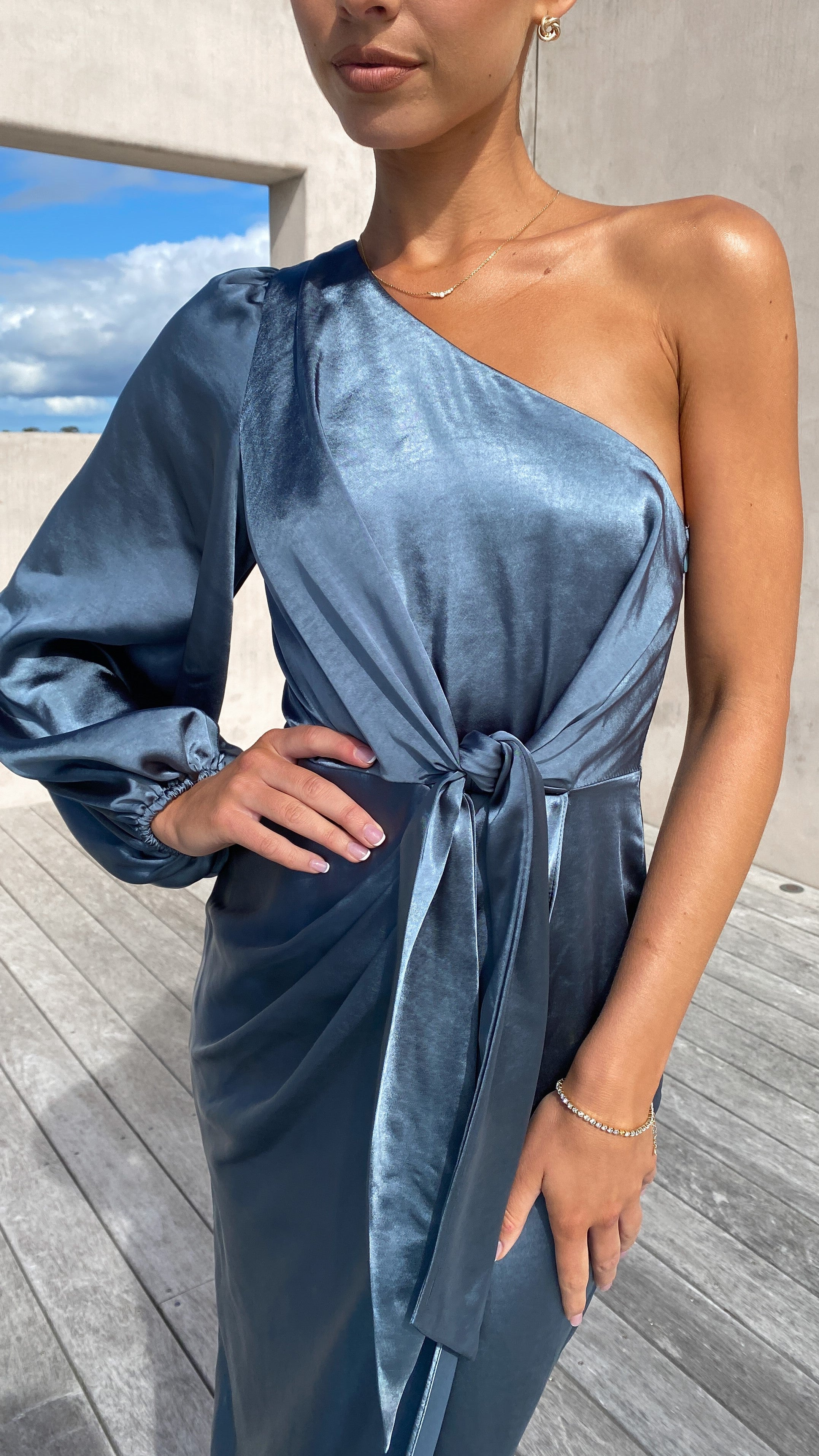 Heidi One Shoulder Maxi Dress - Slate Blue