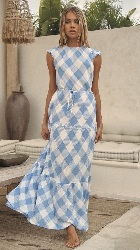 Clover Flutter Maxi Dress - Azure Blue Check