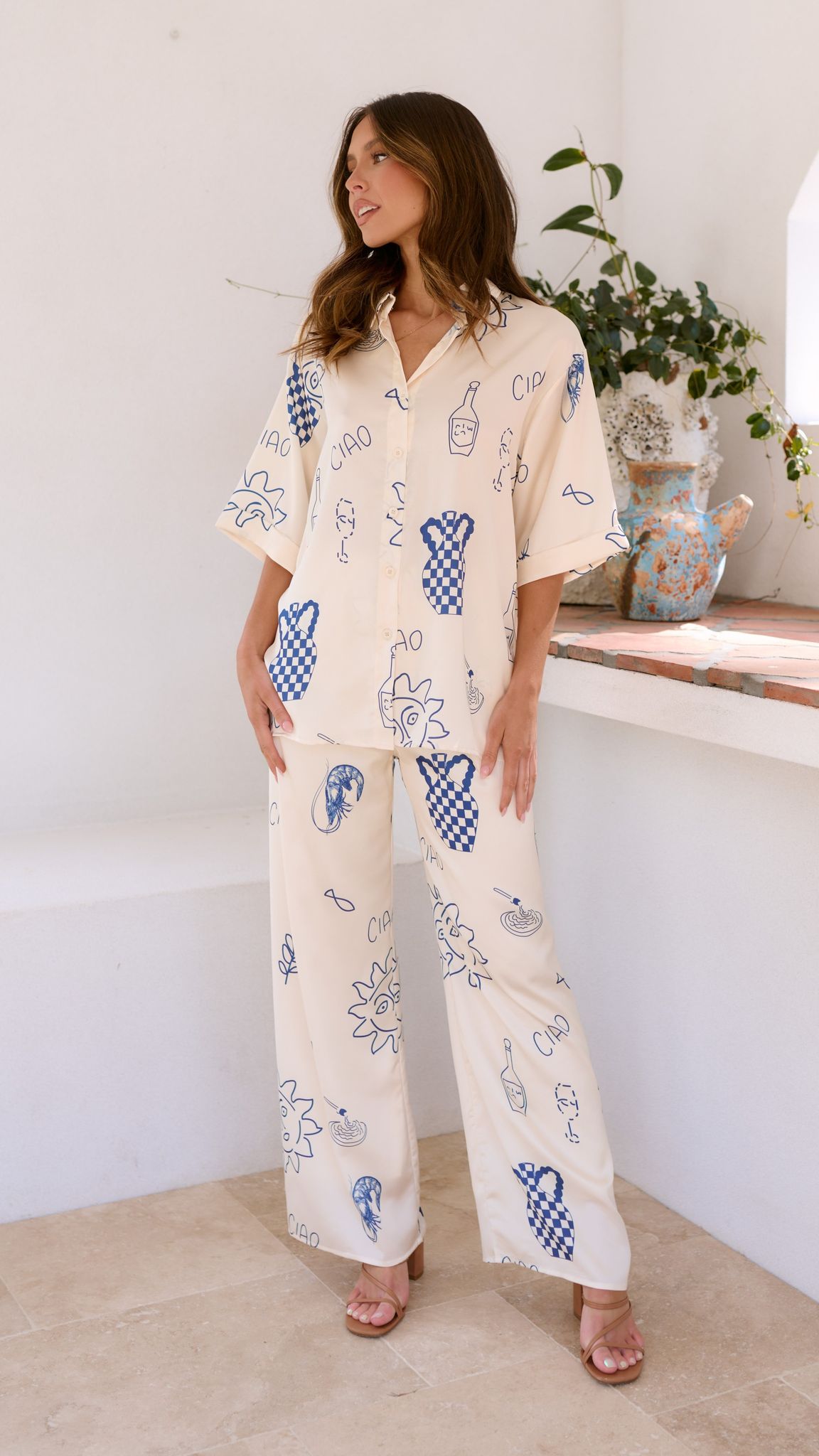Bailie Shirt and Pants Set - Beige/Blue
