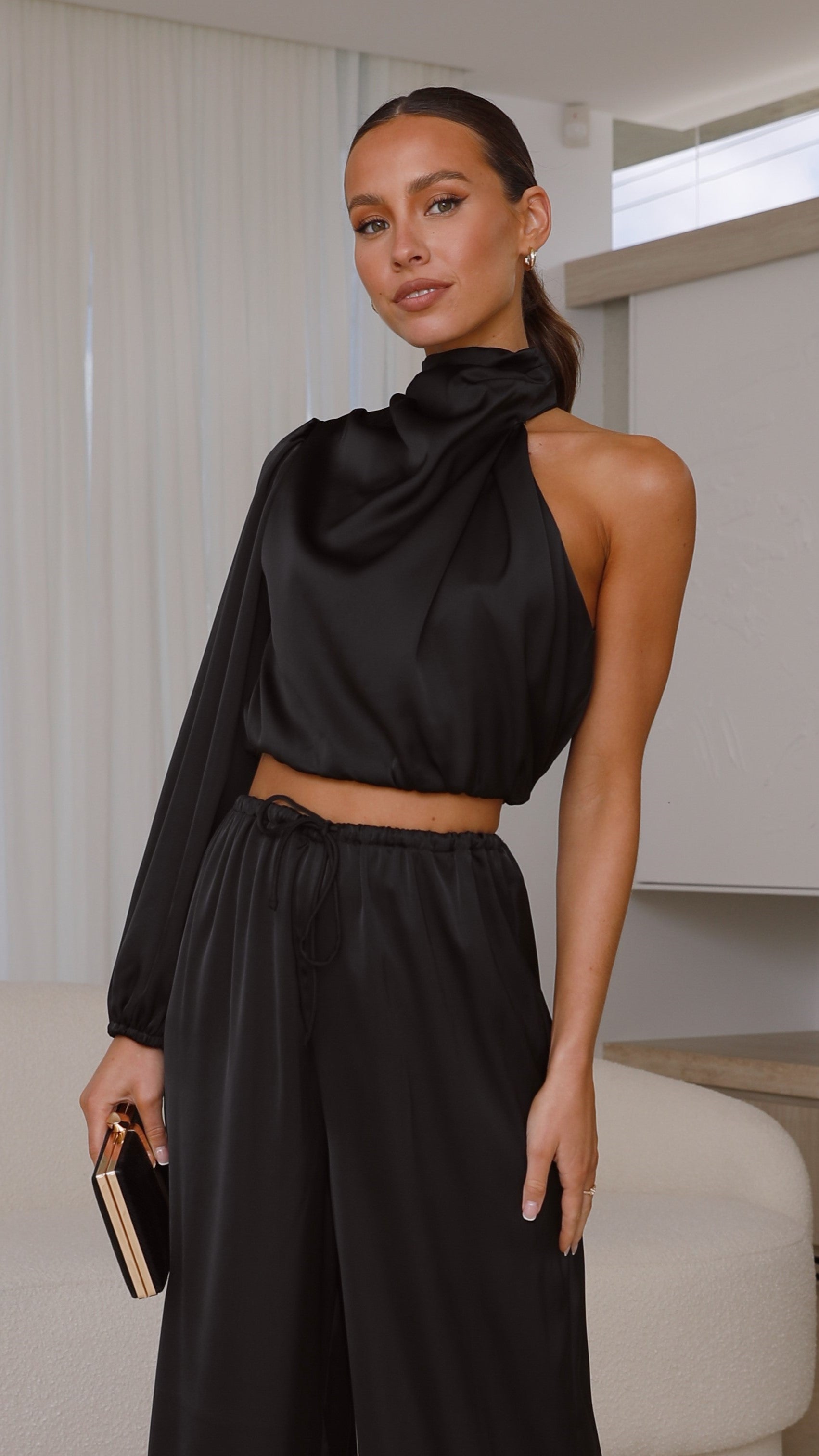 Esther One Shoulder Long Sleeve Top - Black
