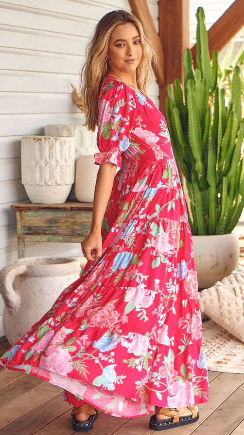 Annabel Maxi Dress - Cerise Print