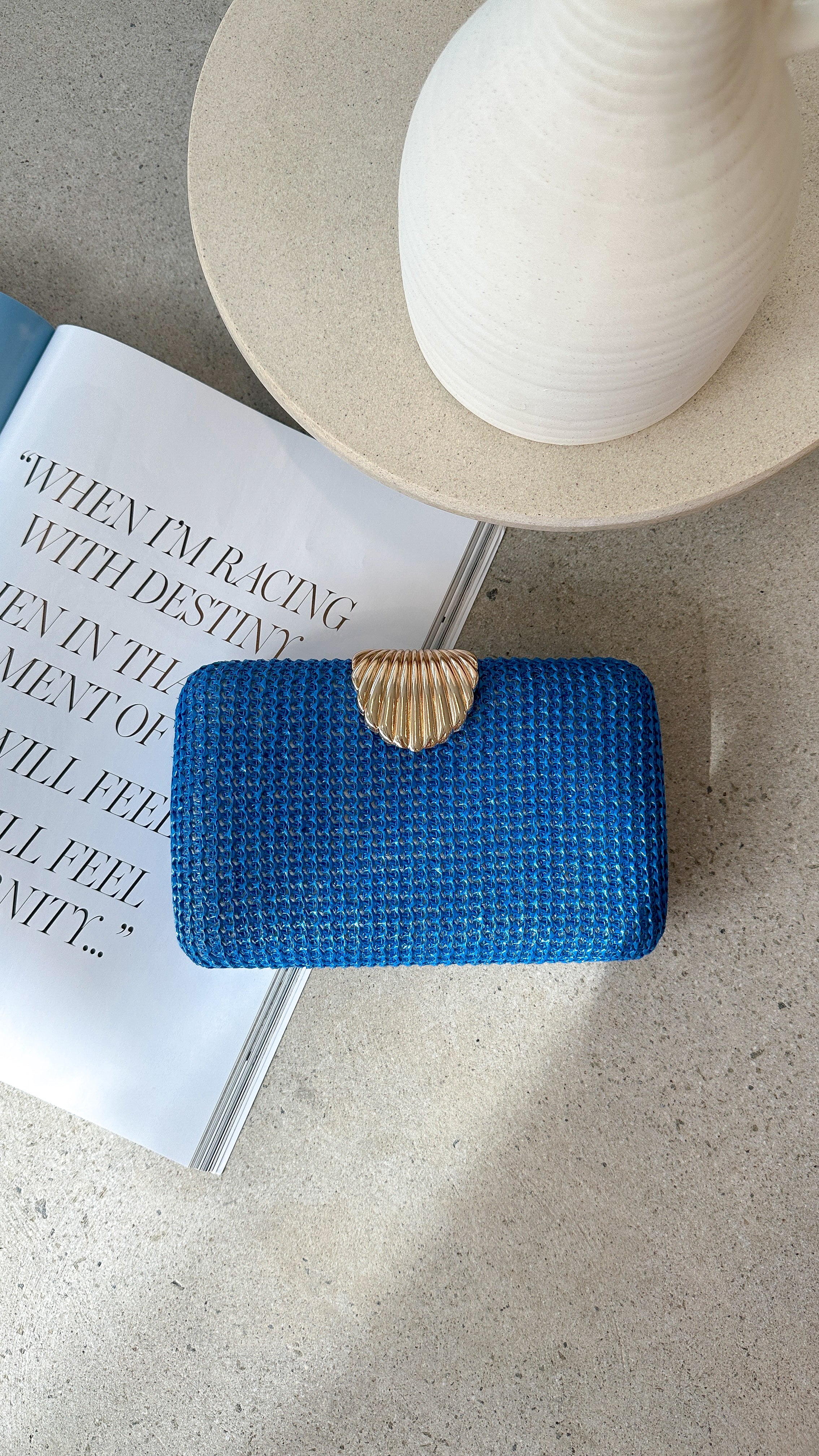 Livy Shell Clasp Woven Structured Clutch - Blue