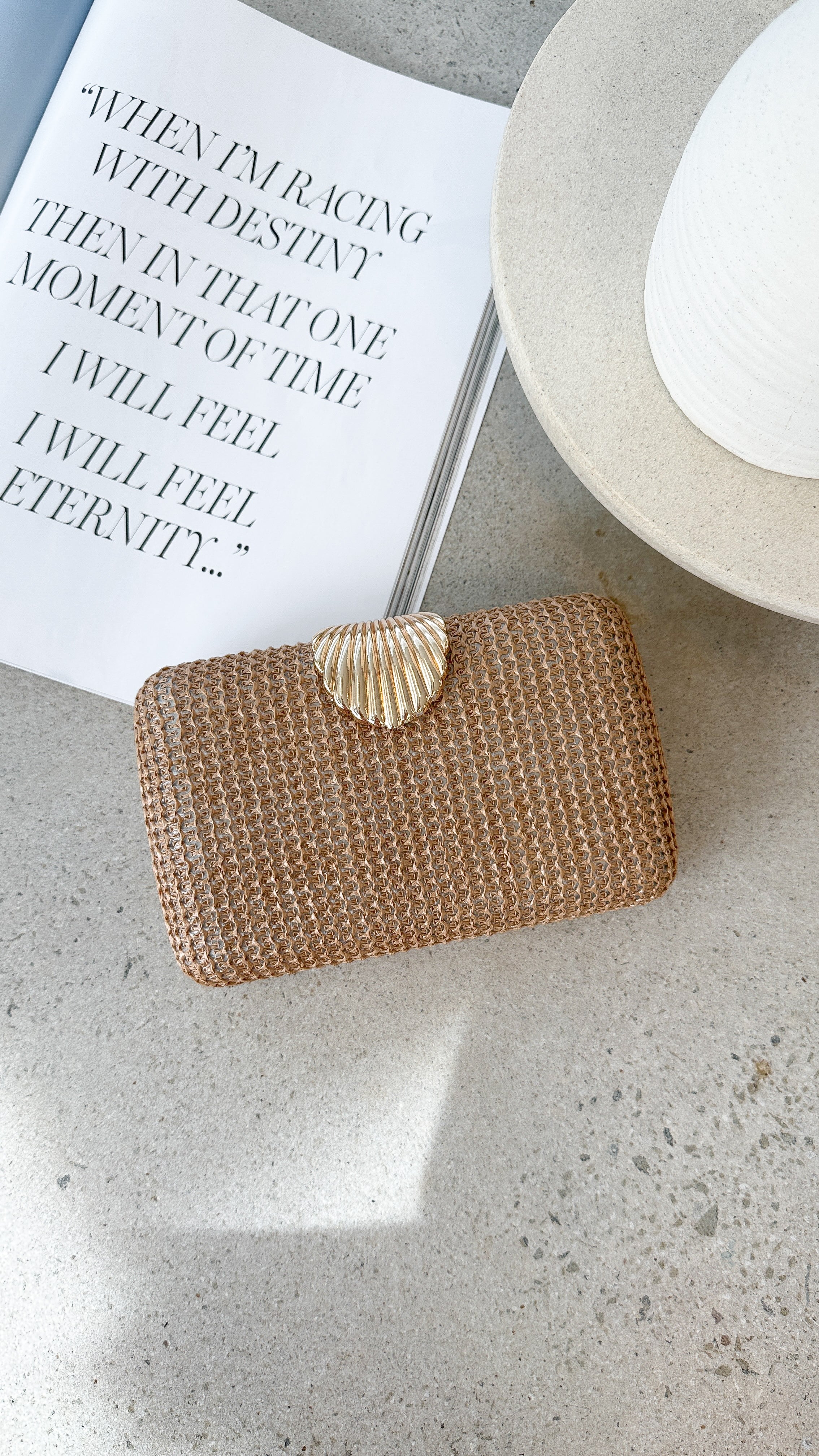 Livy Shell Clasp Woven Structured Clutch - Natural