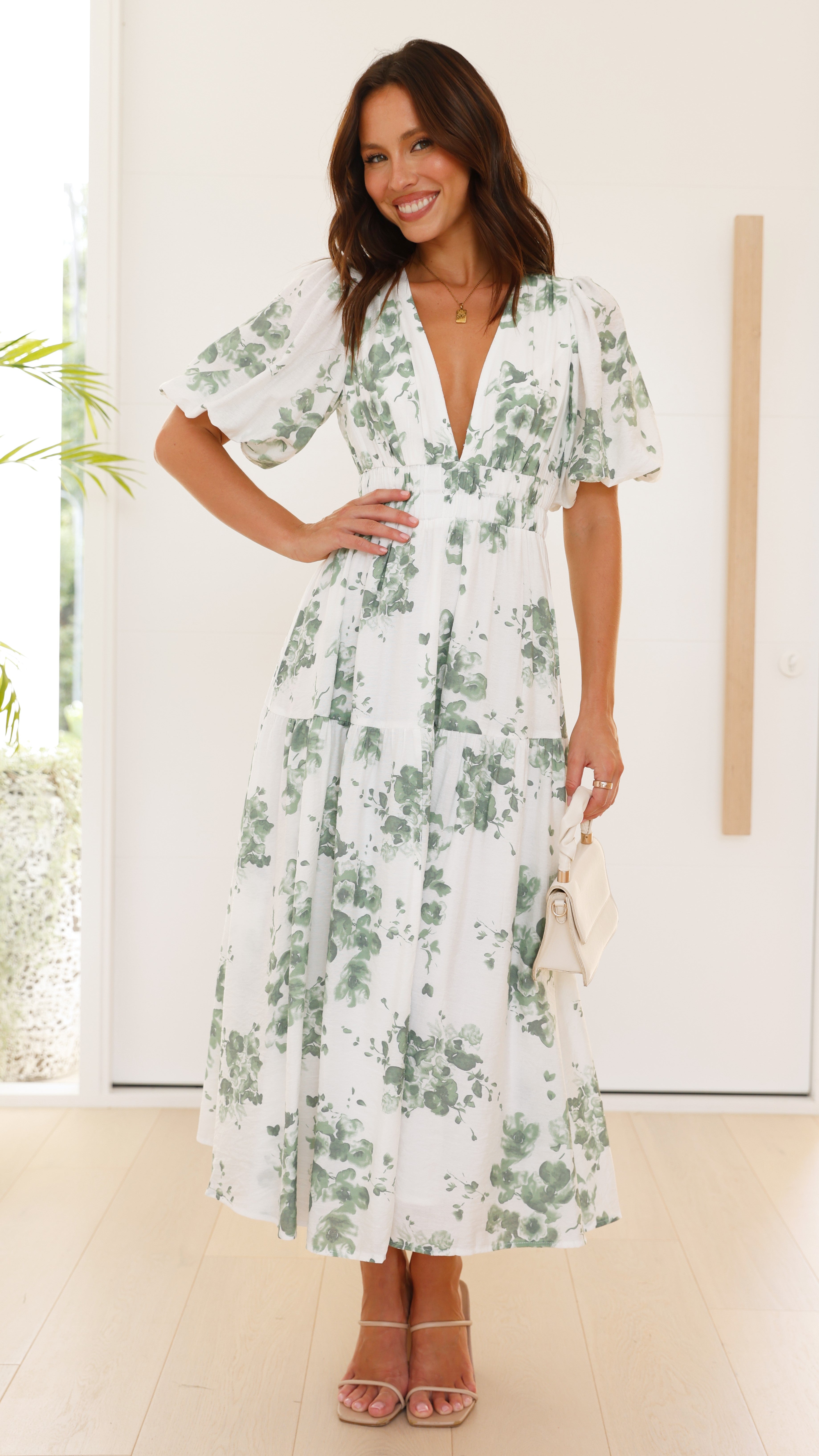 Erin Midi Dress - Green/White Floral