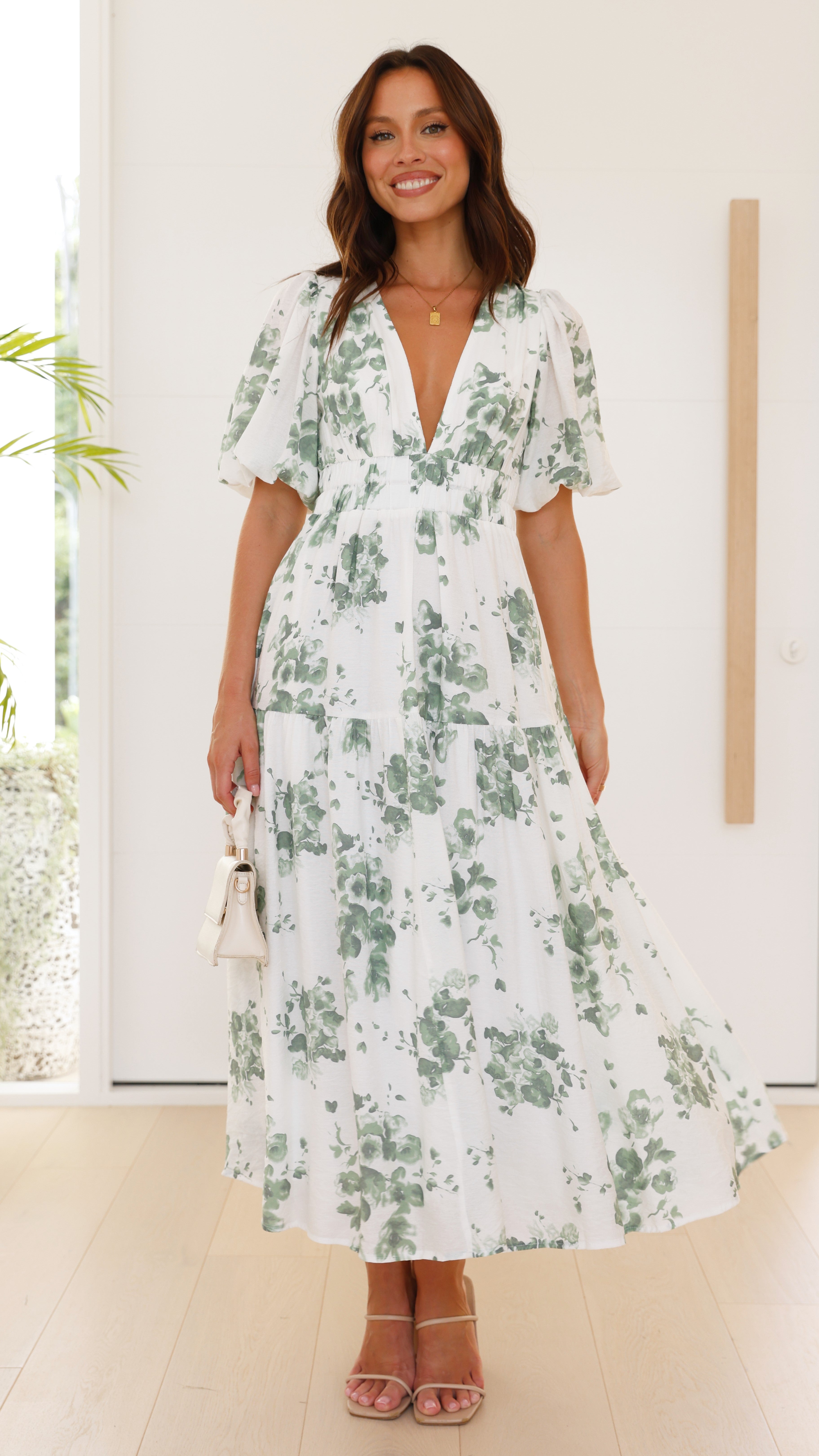 Erin Midi Dress - Green/White Floral