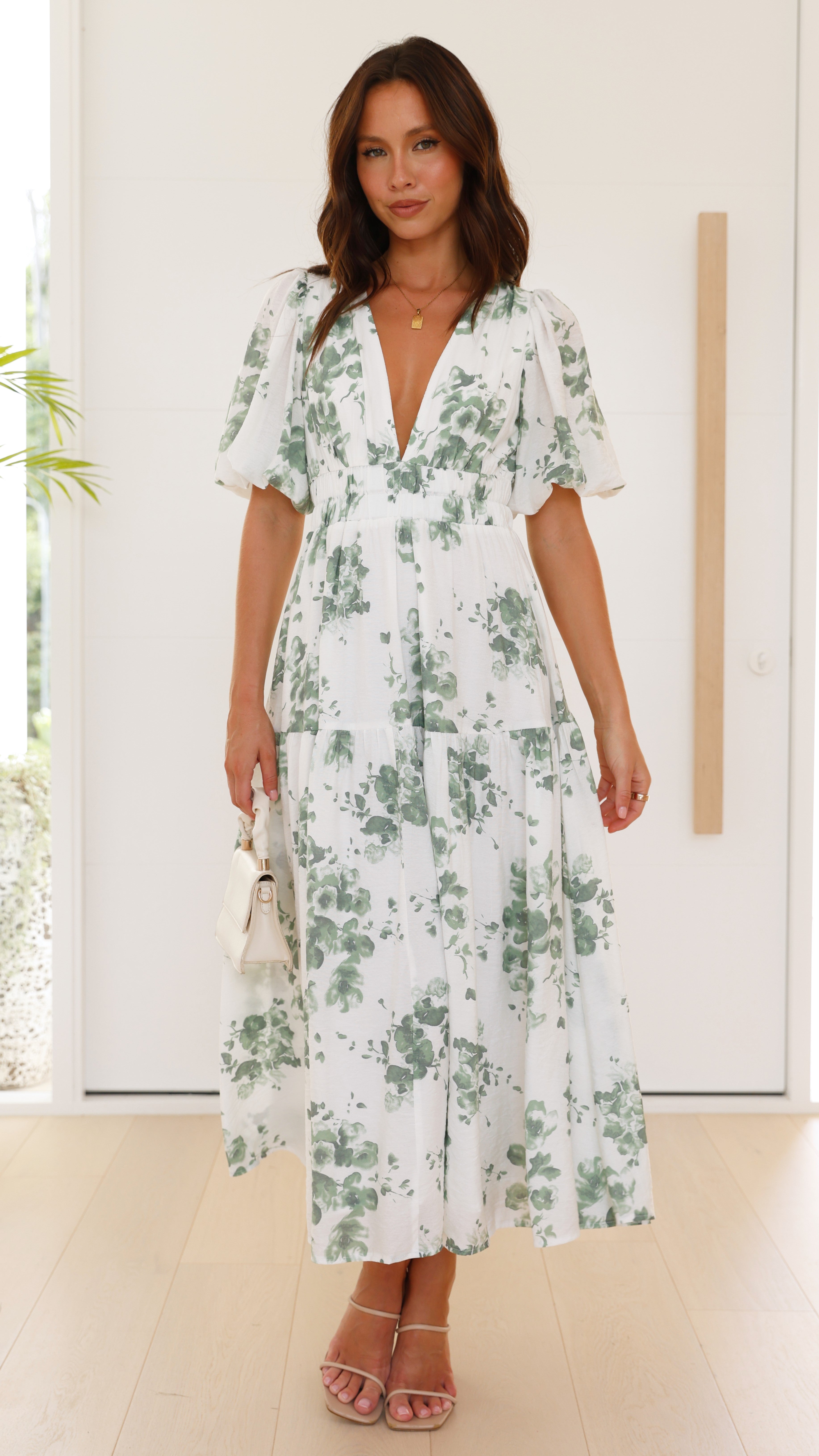 Erin Midi Dress - Green/White Floral