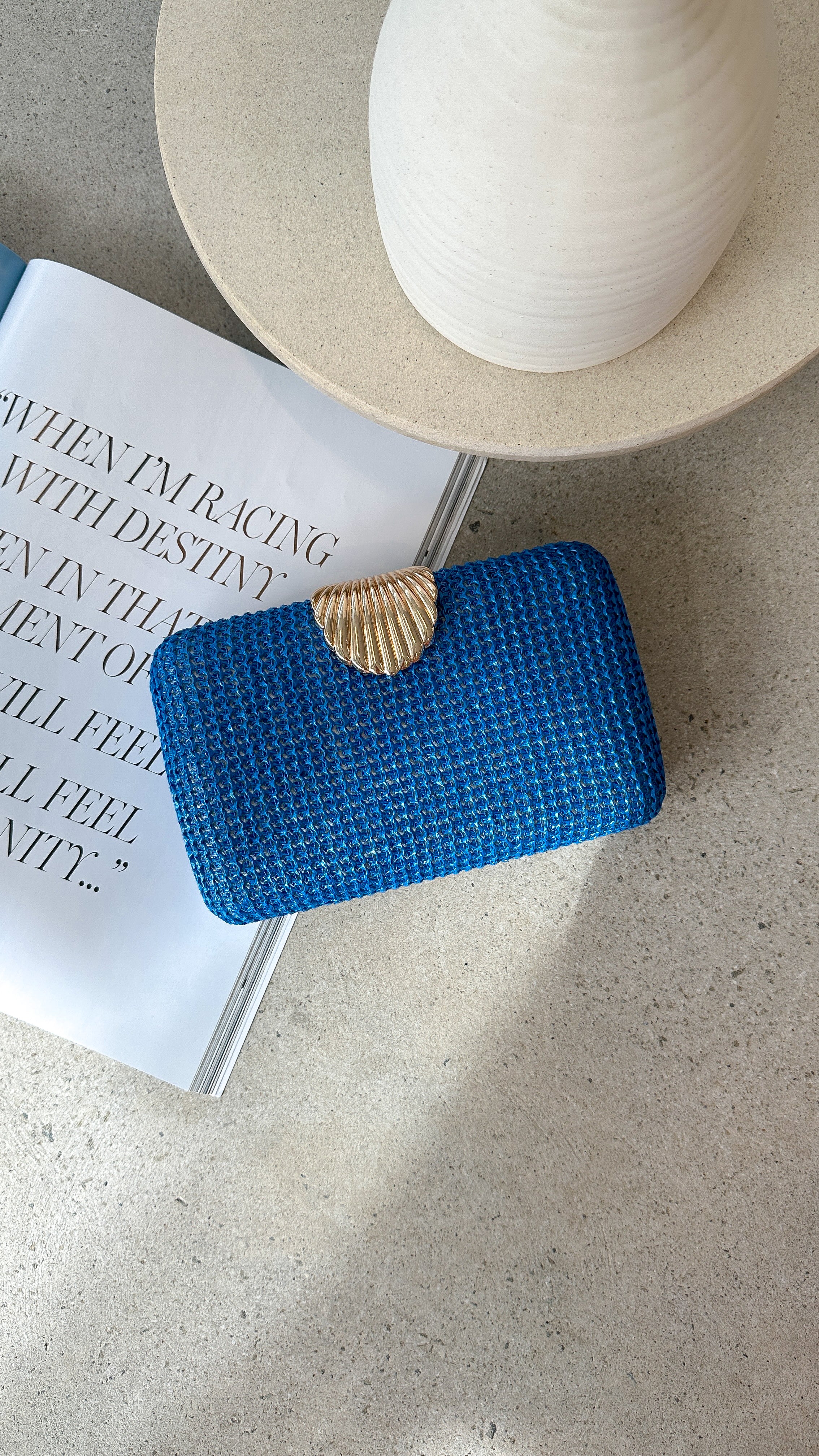 Livy Shell Clasp Woven Structured Clutch - Blue