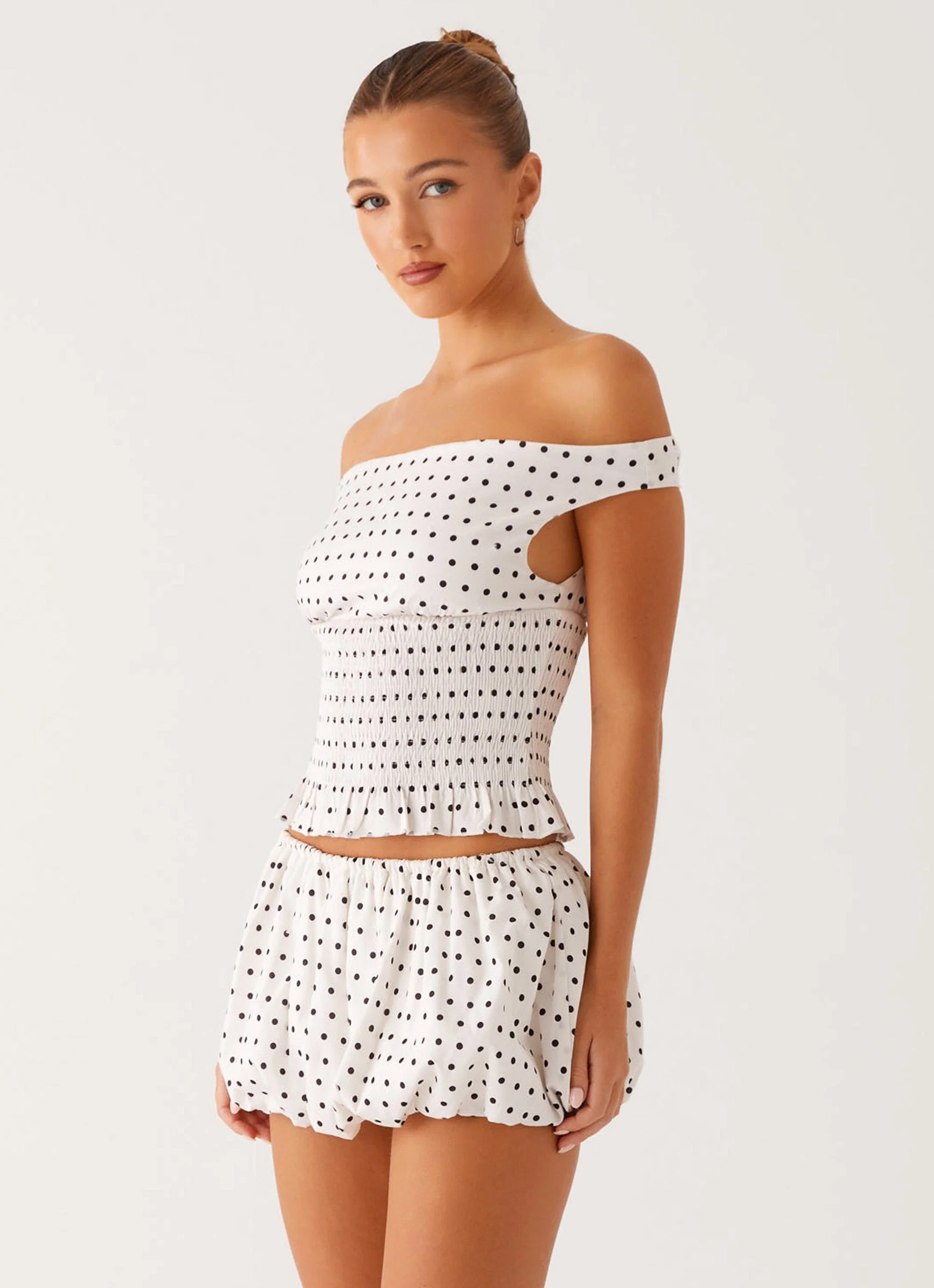 Heather Off Shoulder Top - White Black Polka Dot