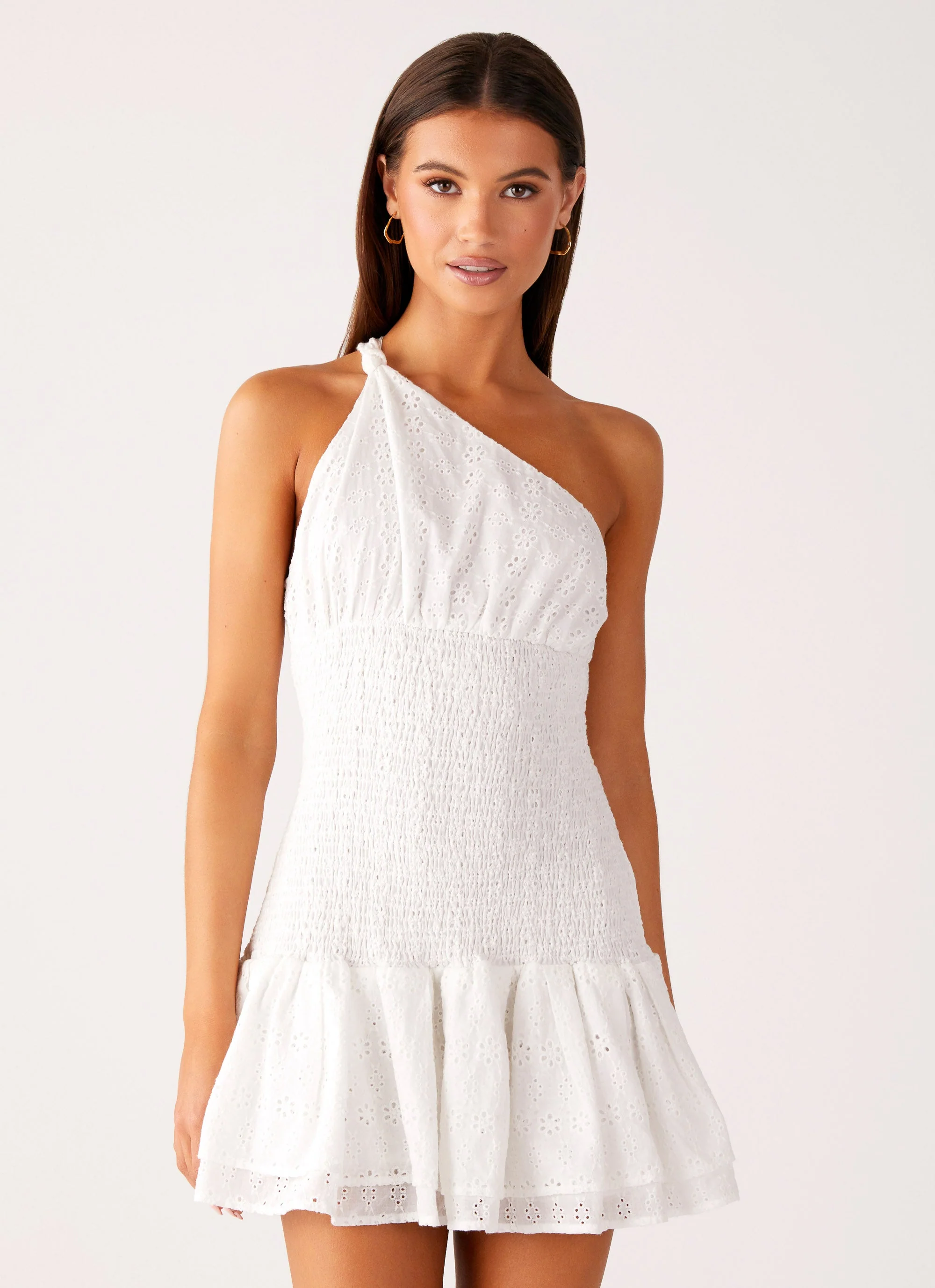 Hestia Drop Waist Shirring Mini Dress - White