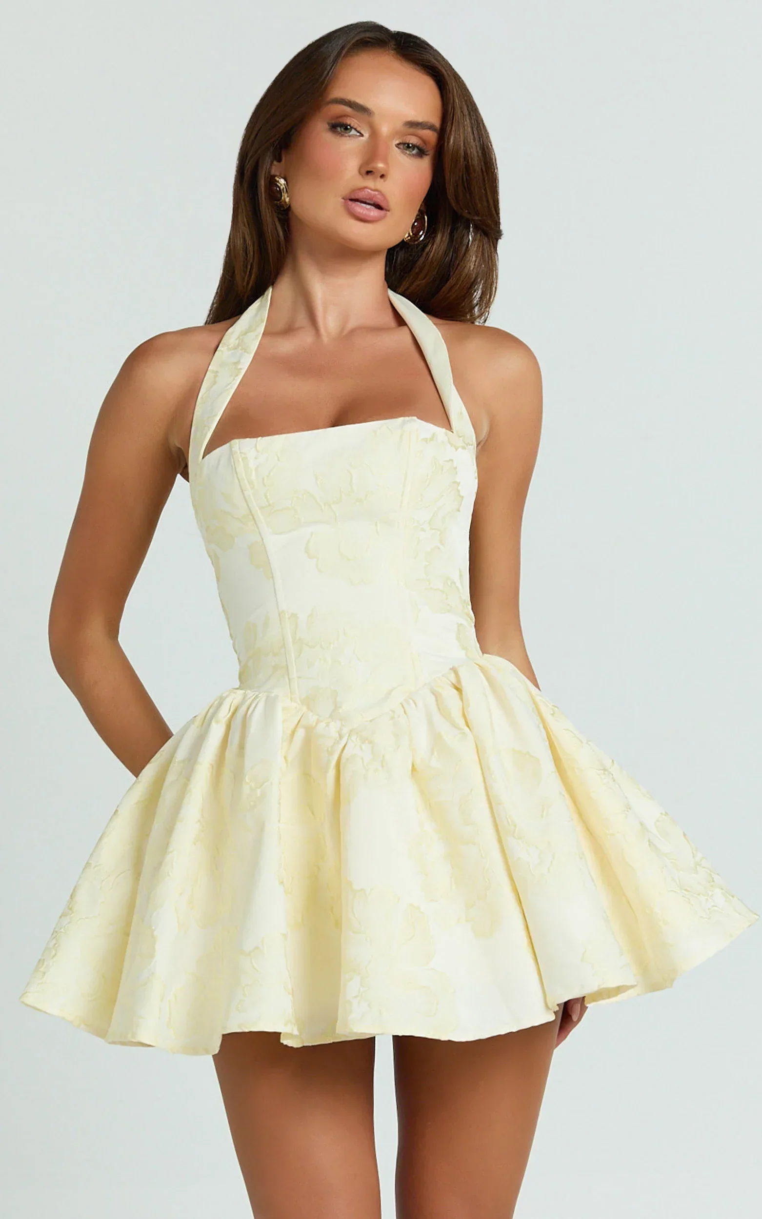 Maddy Mini Dress Square Neck Halter Fit And Flare Dress in Lemon