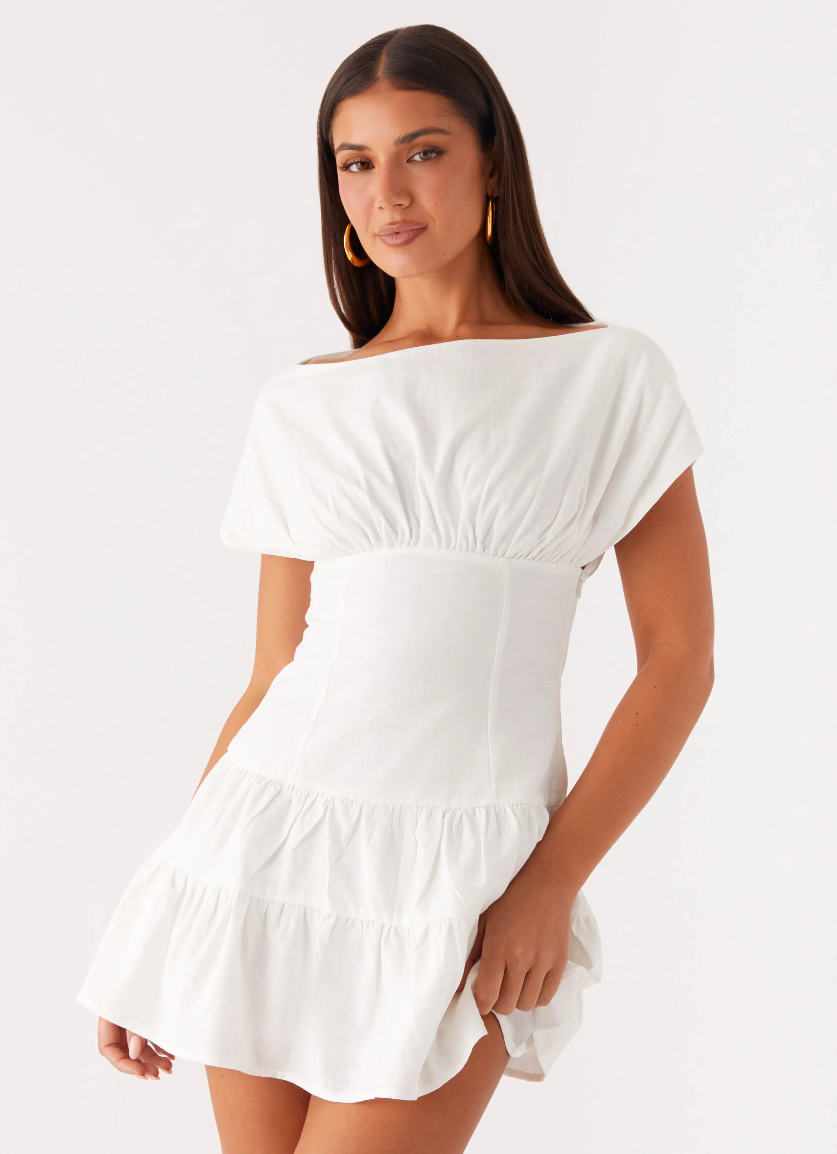 Ember Haze Boat Neck Mini Dress - Off White