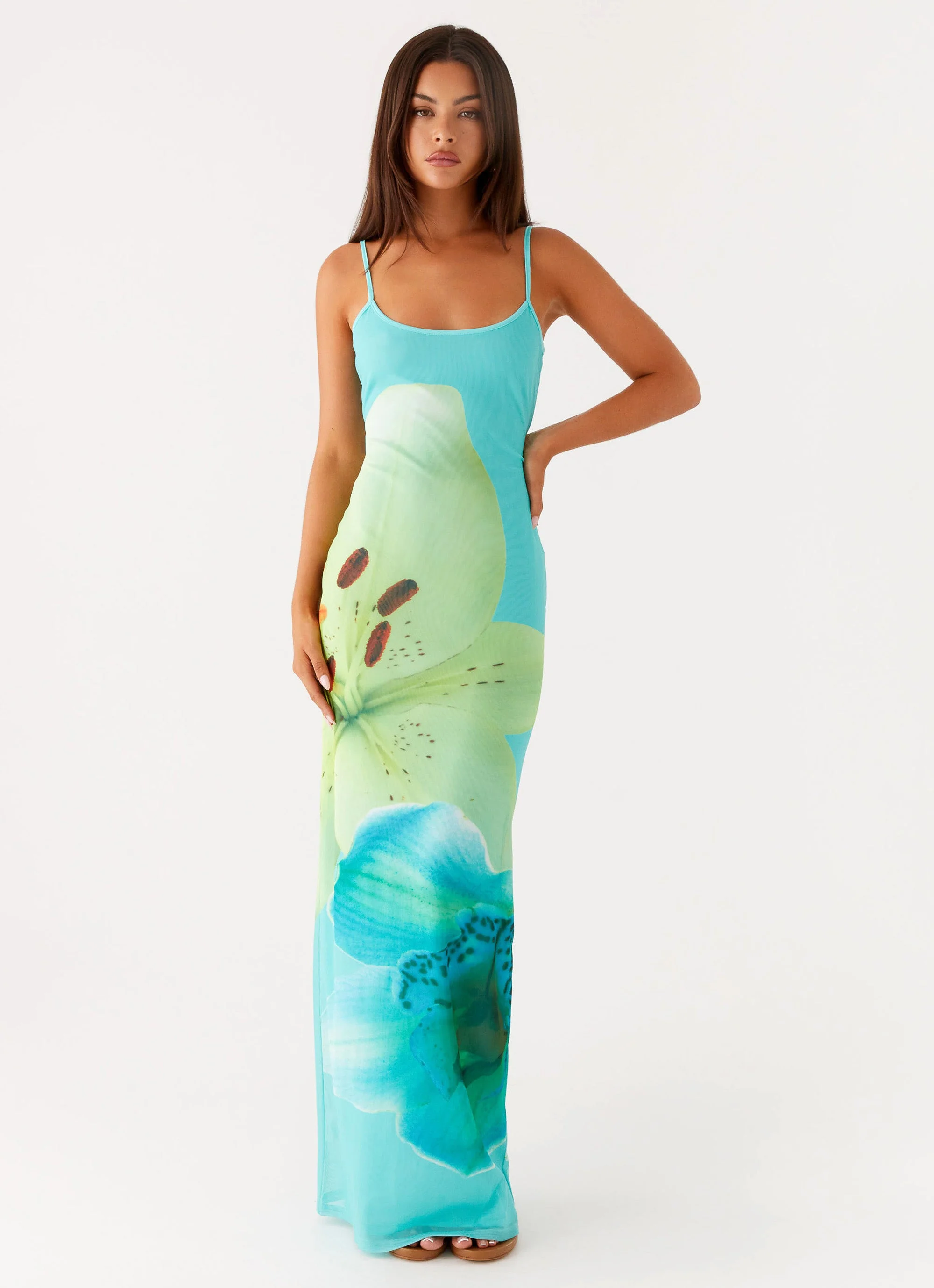 Bad News Mesh Maxi Dress - Turquoise Floral