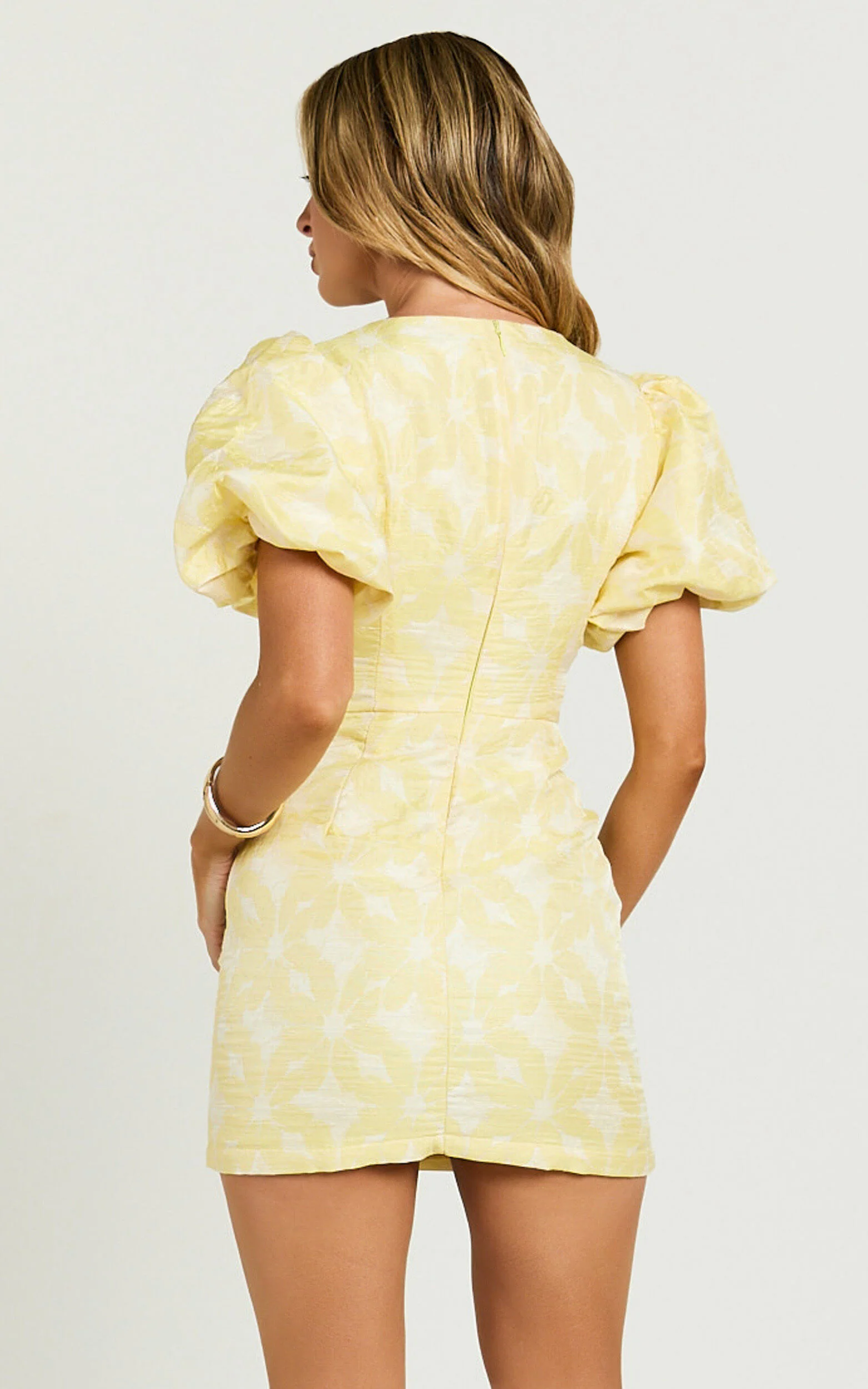 Diana Mini Dress - Jacquard Short Sleeve Cut Out Dress in Lemon