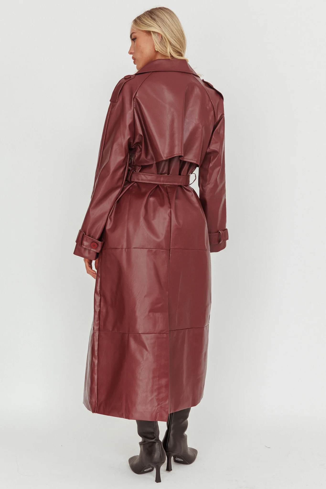 Longline Faux Leather Trench Coat Burgundy