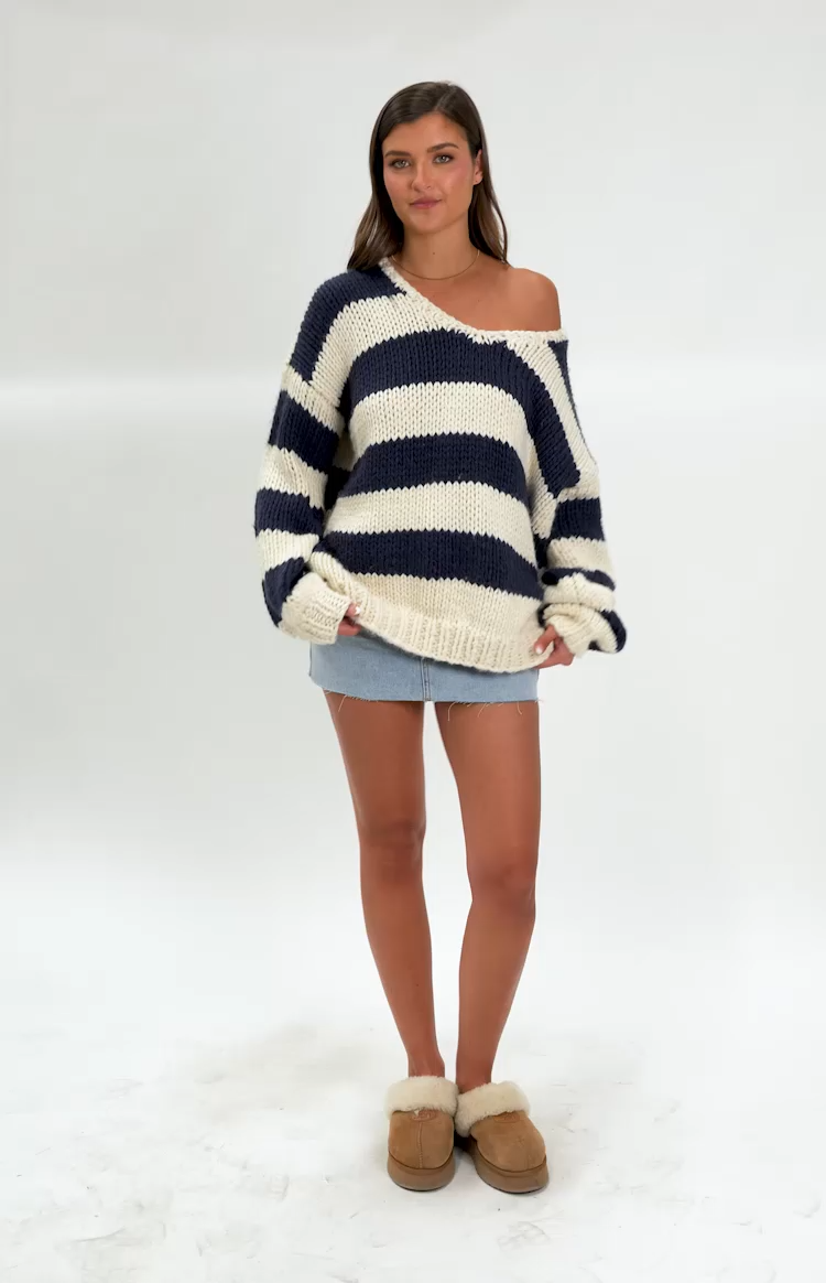 Navy Striped Chunky Knit Sweater