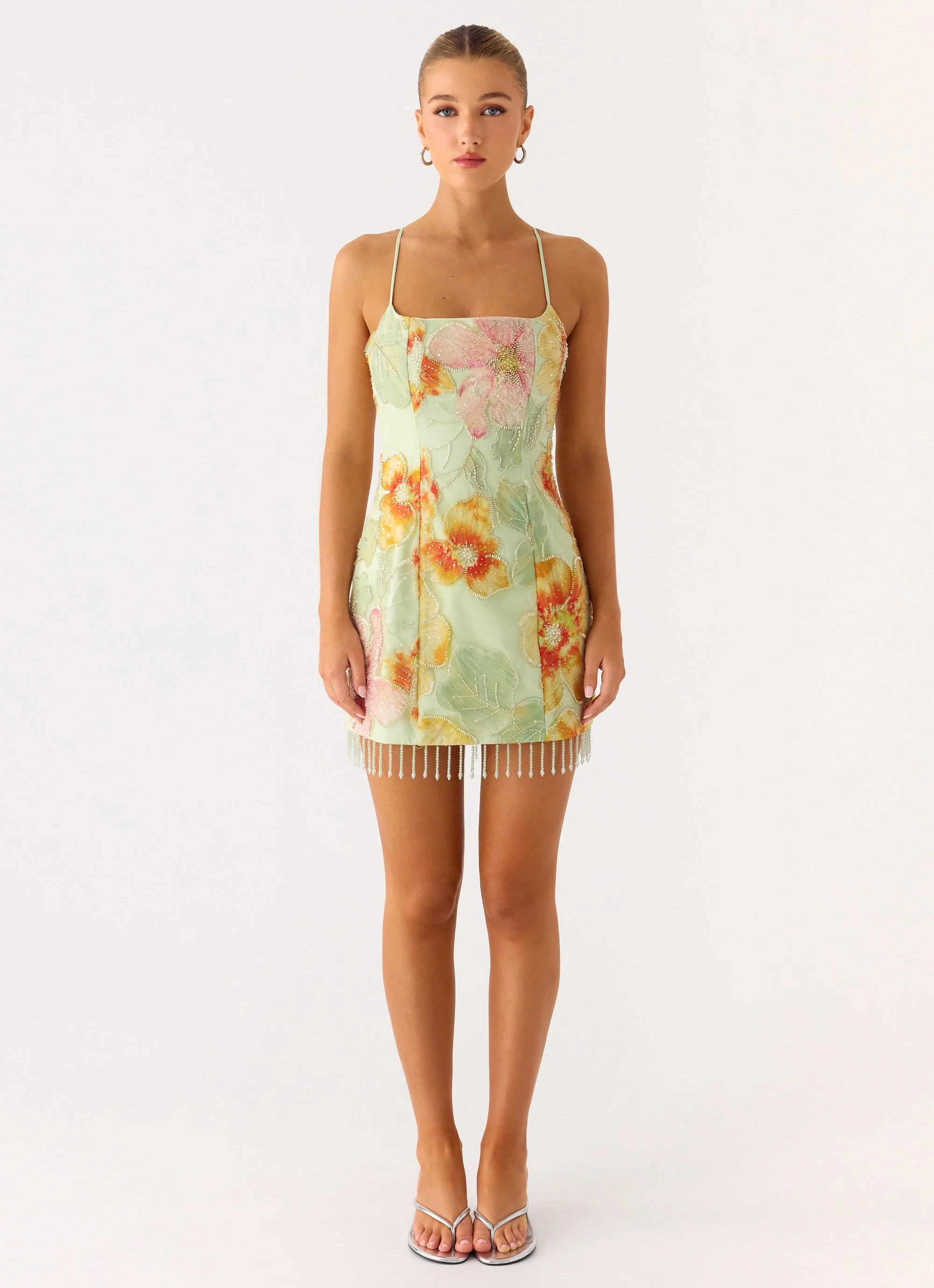 Gatiana Beaded Sequin Mini Dress - Green Floral Beaded