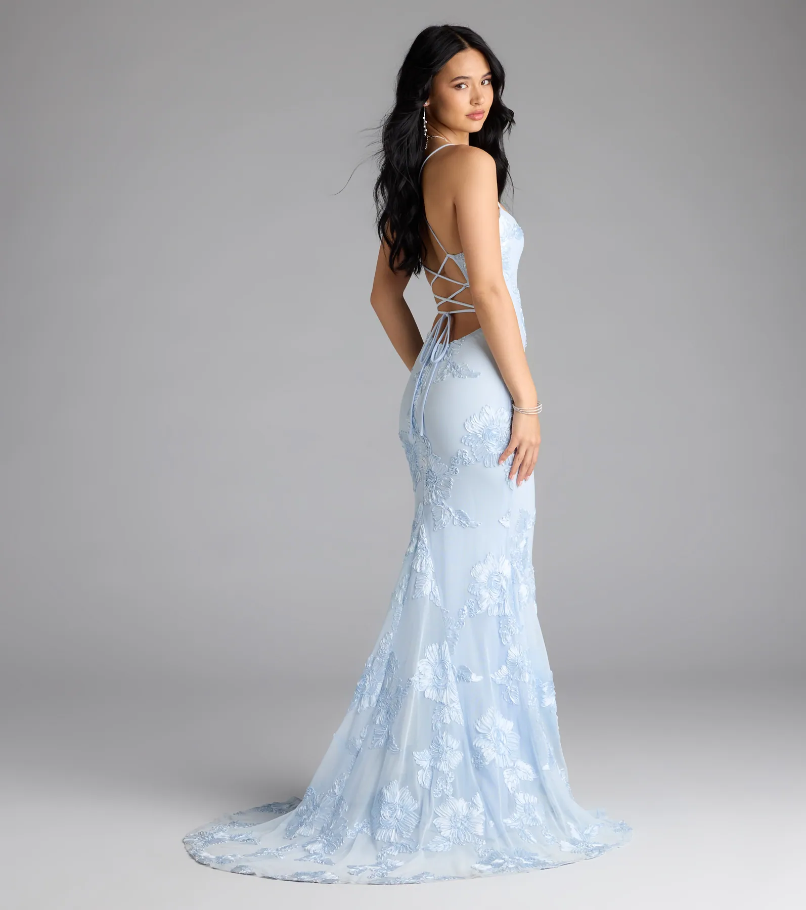 Gabi Lace-Up Floral Trim Mermaid Formal Dress