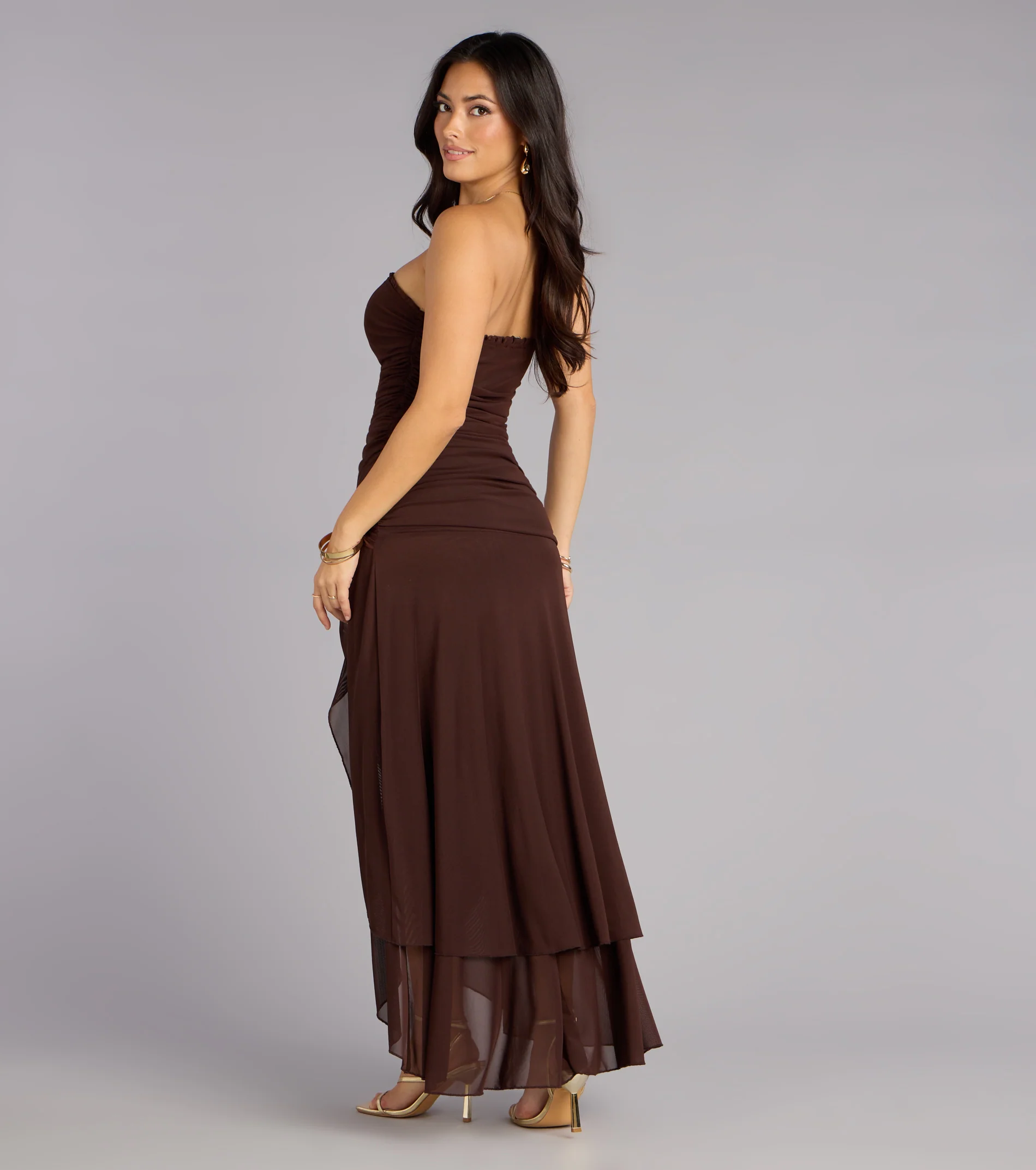 Chic Drama Strapless High Slit Ruffle Maxi Dress