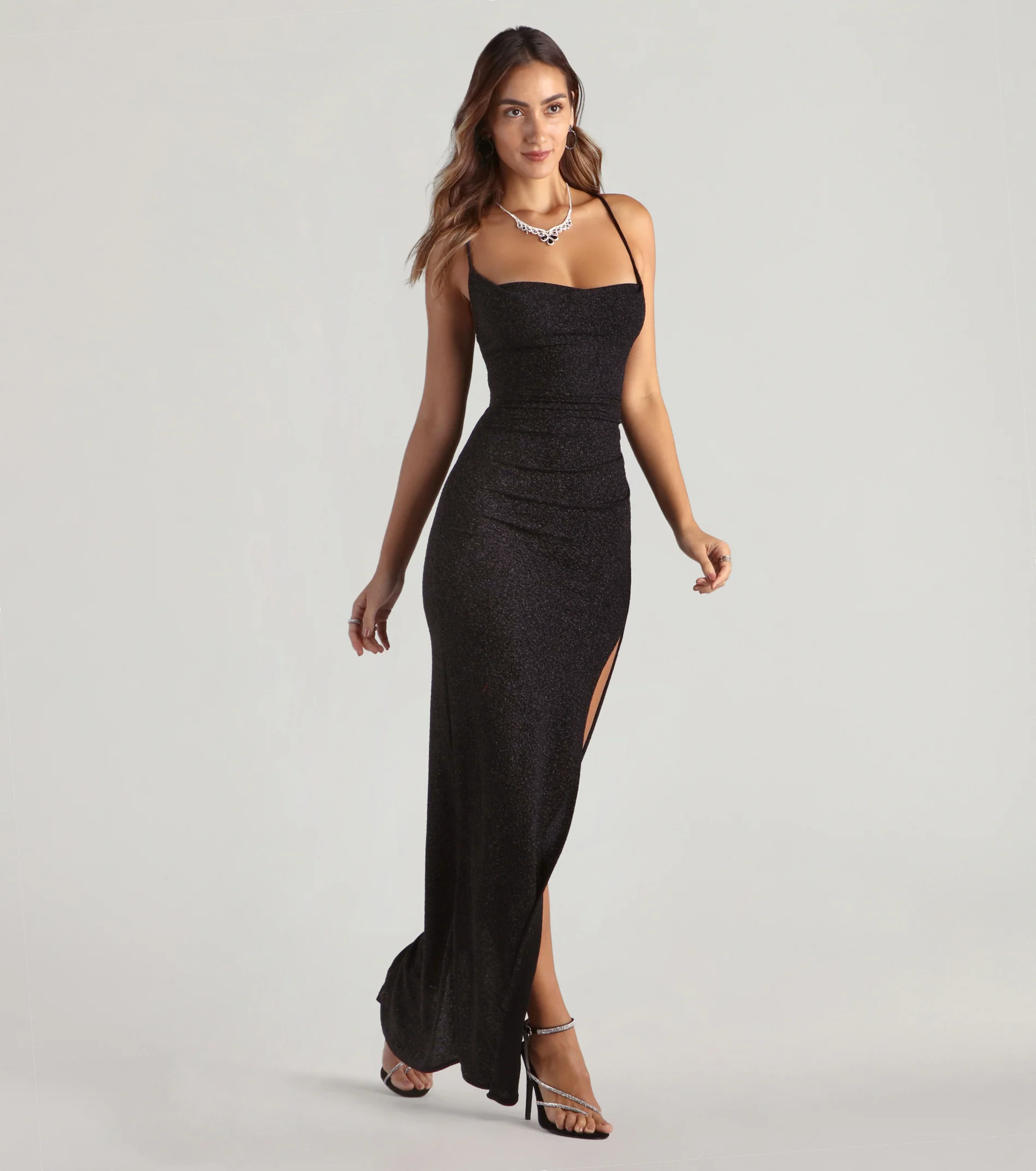 Amirah Formal Glitter Cowl Neck Column Dress