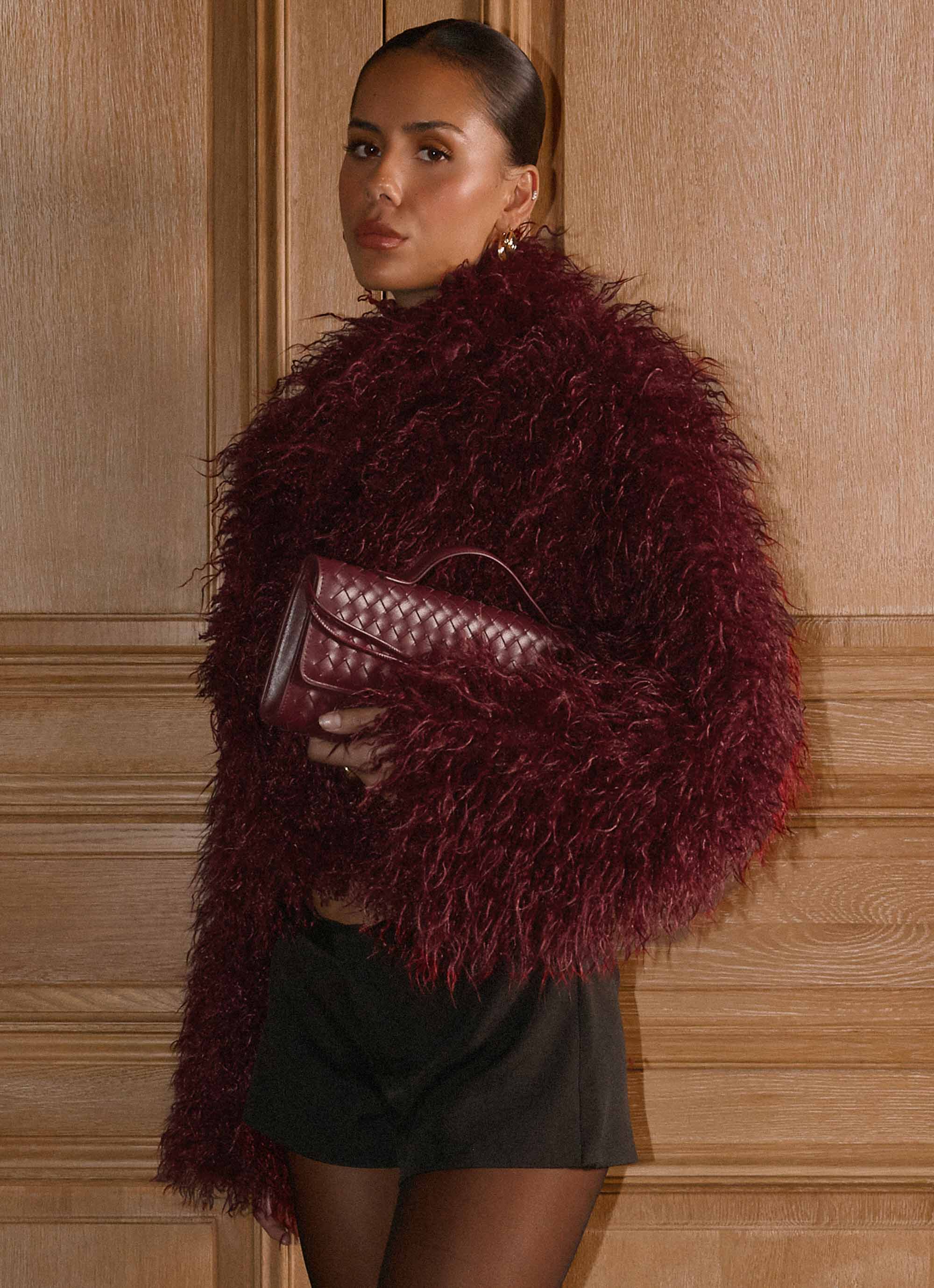 Virginia Cropped Faux Fur Jacket - Maroon