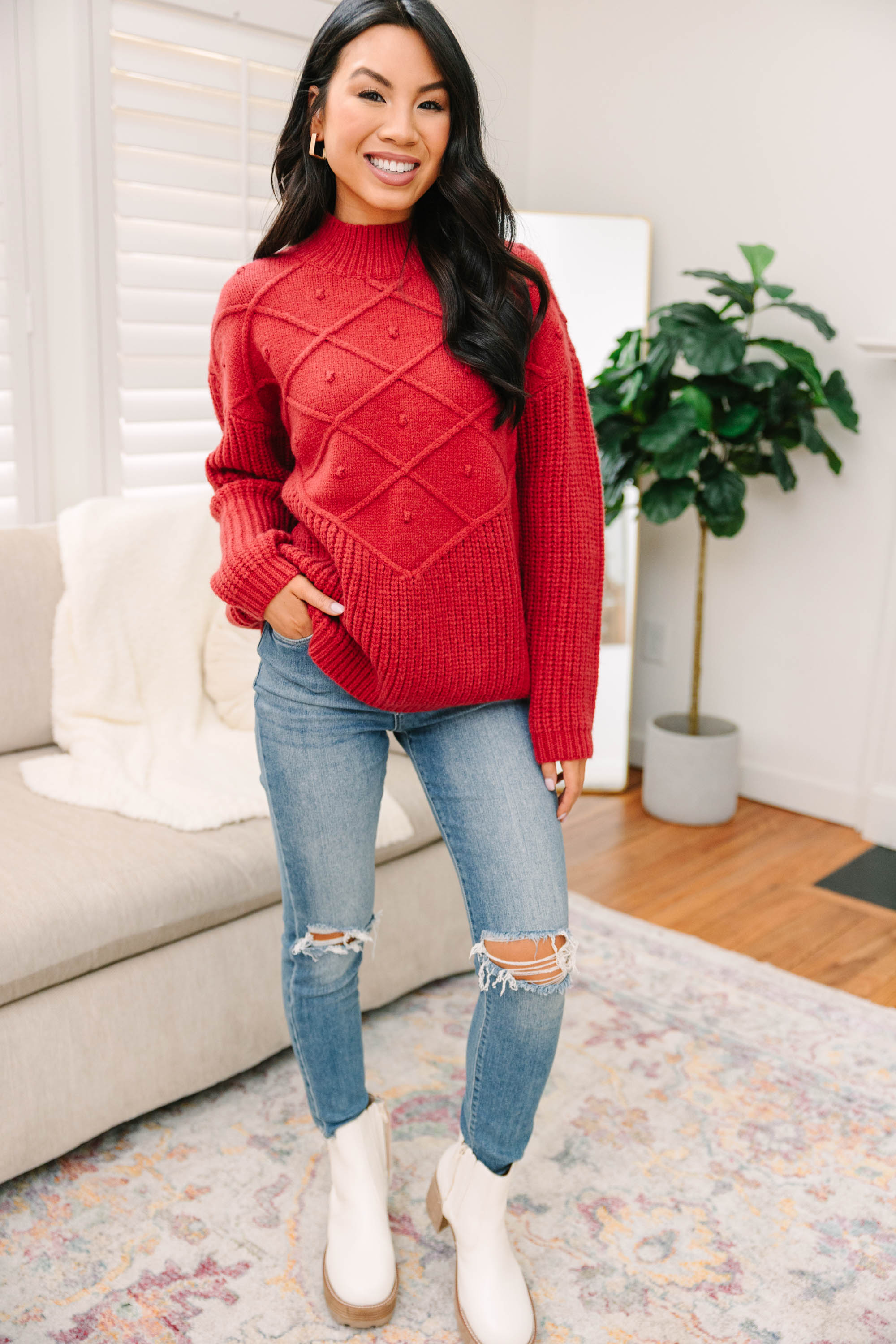 CHIRNAISHOP - More Than You Know Burgundy Red Mock Neck Sweater