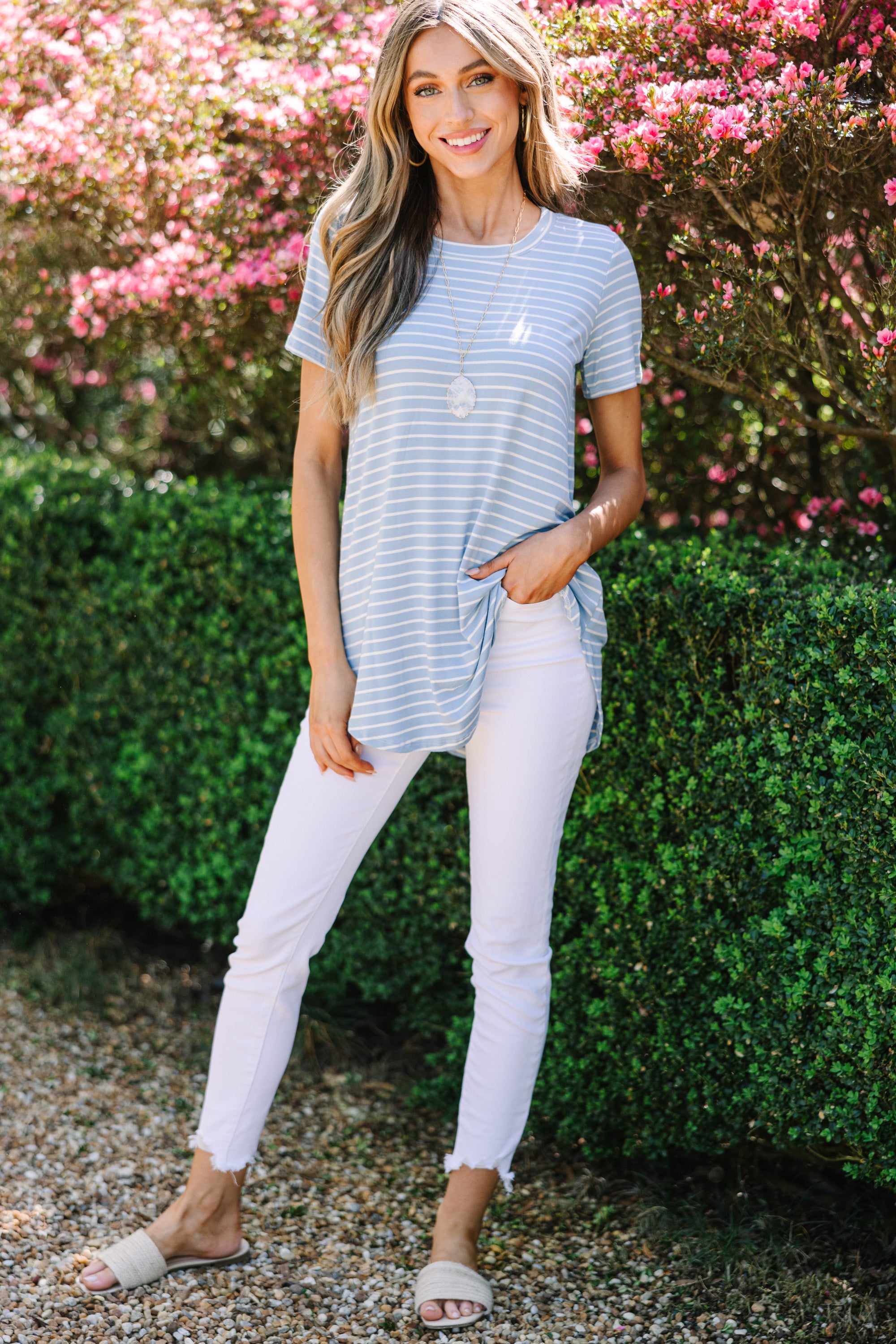 CHIRNAISHOP - Let's Meet Later Light Blue and Ivory Striped Top