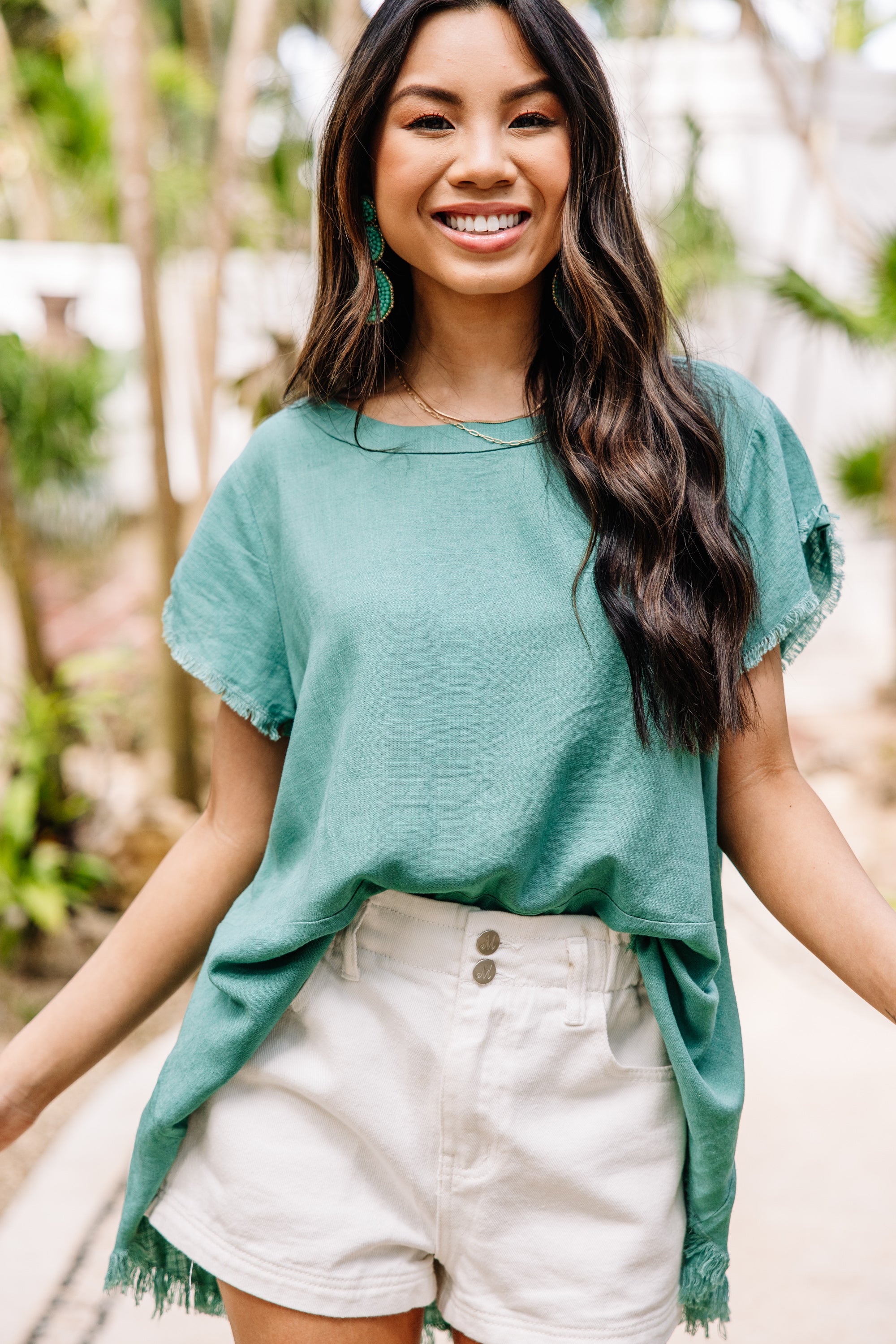 CHIRNAISHOP - Great Adventures Jade Green Linen Top