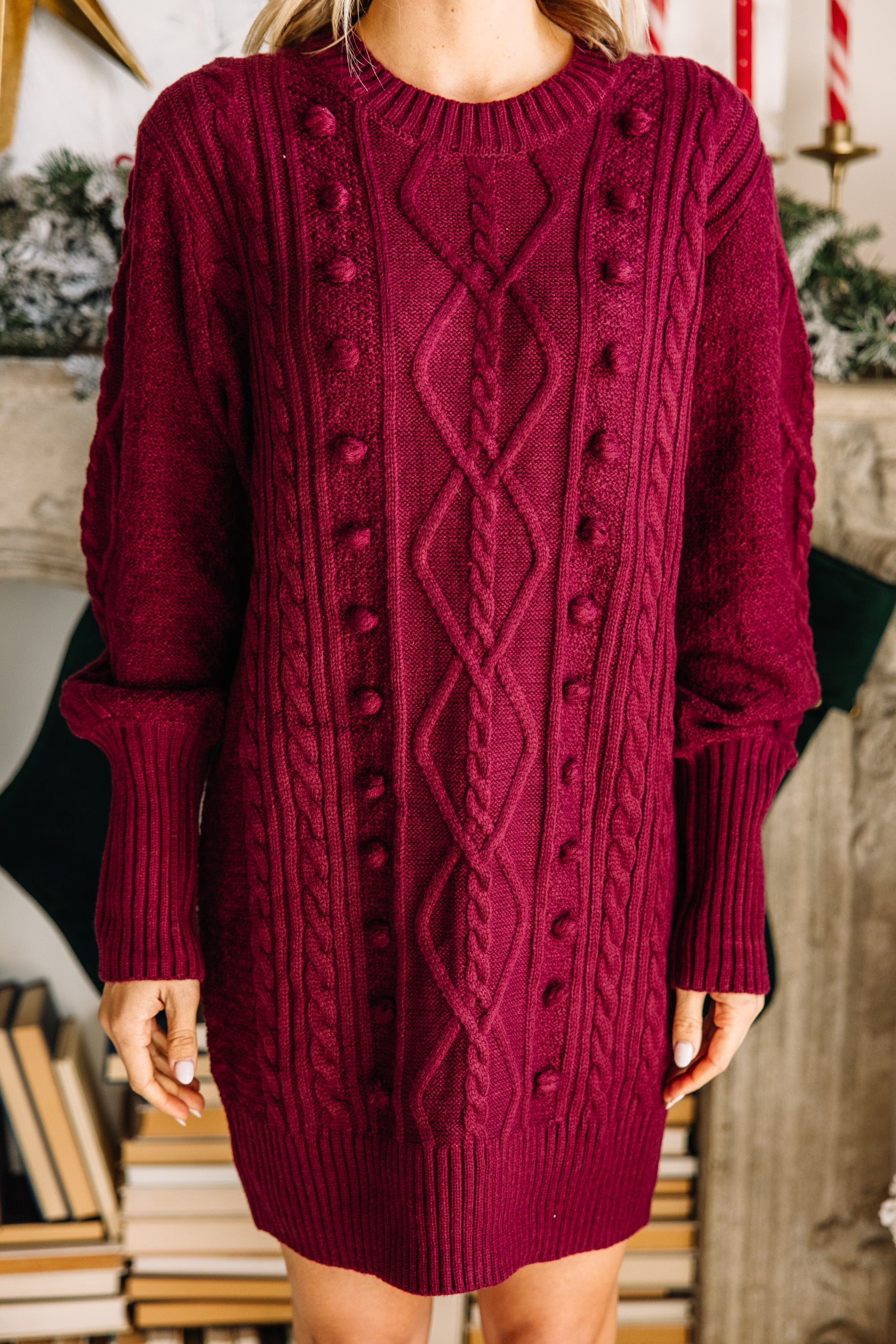 CHIRNAISHOP - I'll Wait For You Sangria Red Pompom Sweater Dress