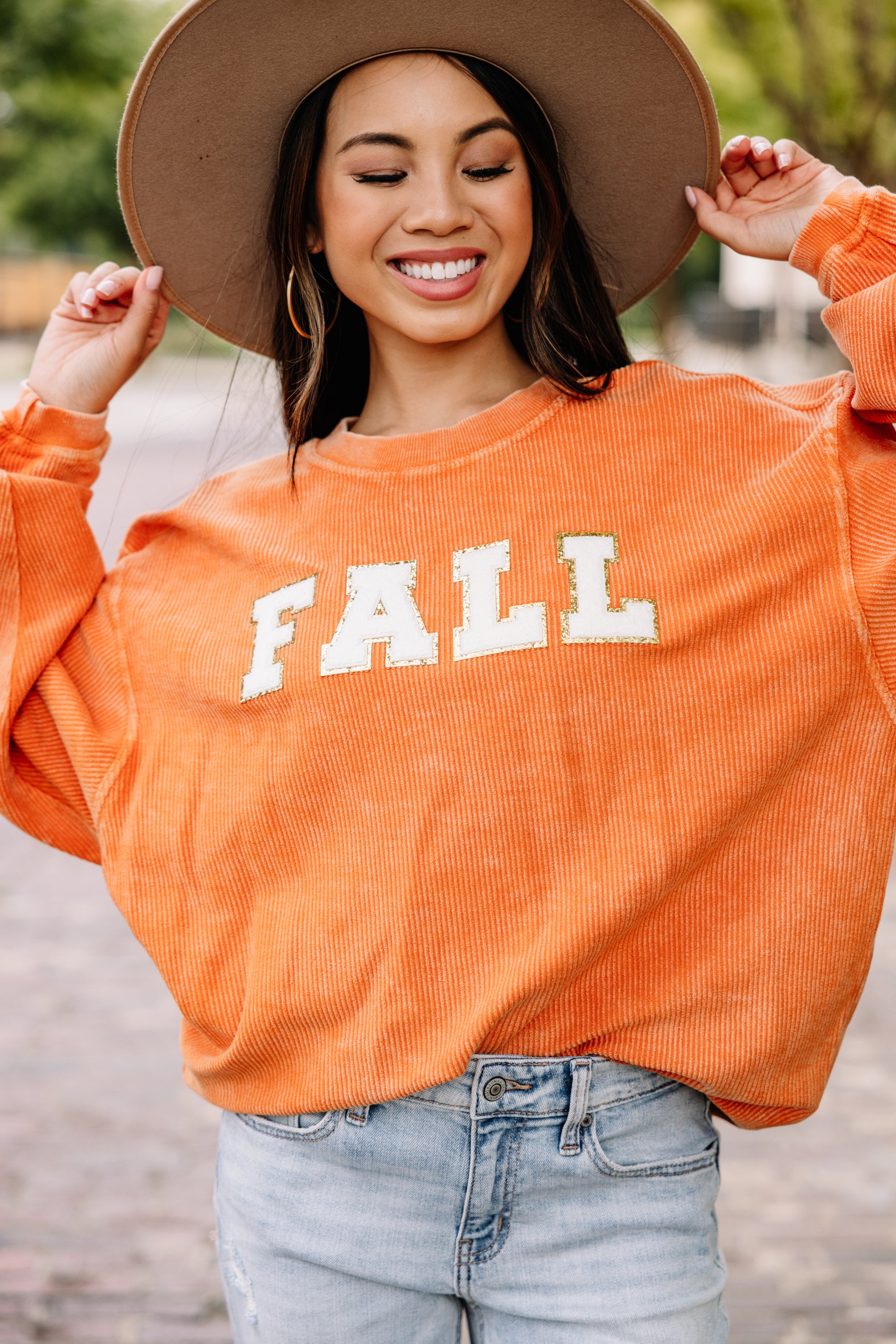 CHIRNAISHOP - Fall Burnt Orange Varsity Corded Sweatshirt