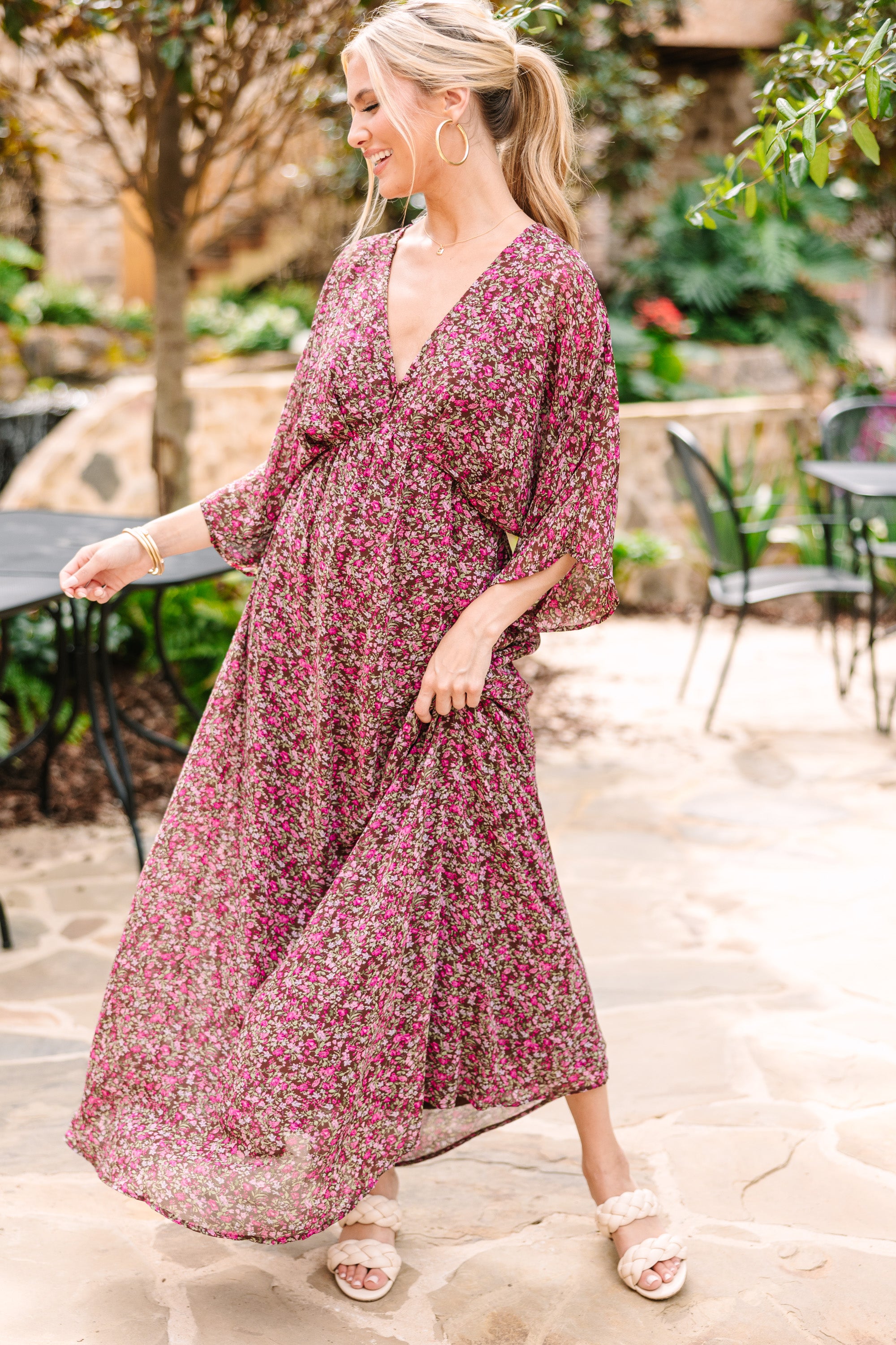 CHIRNAISHOP - Thinking Of You Burgundy Red Ditsy Floral Maxi Dress