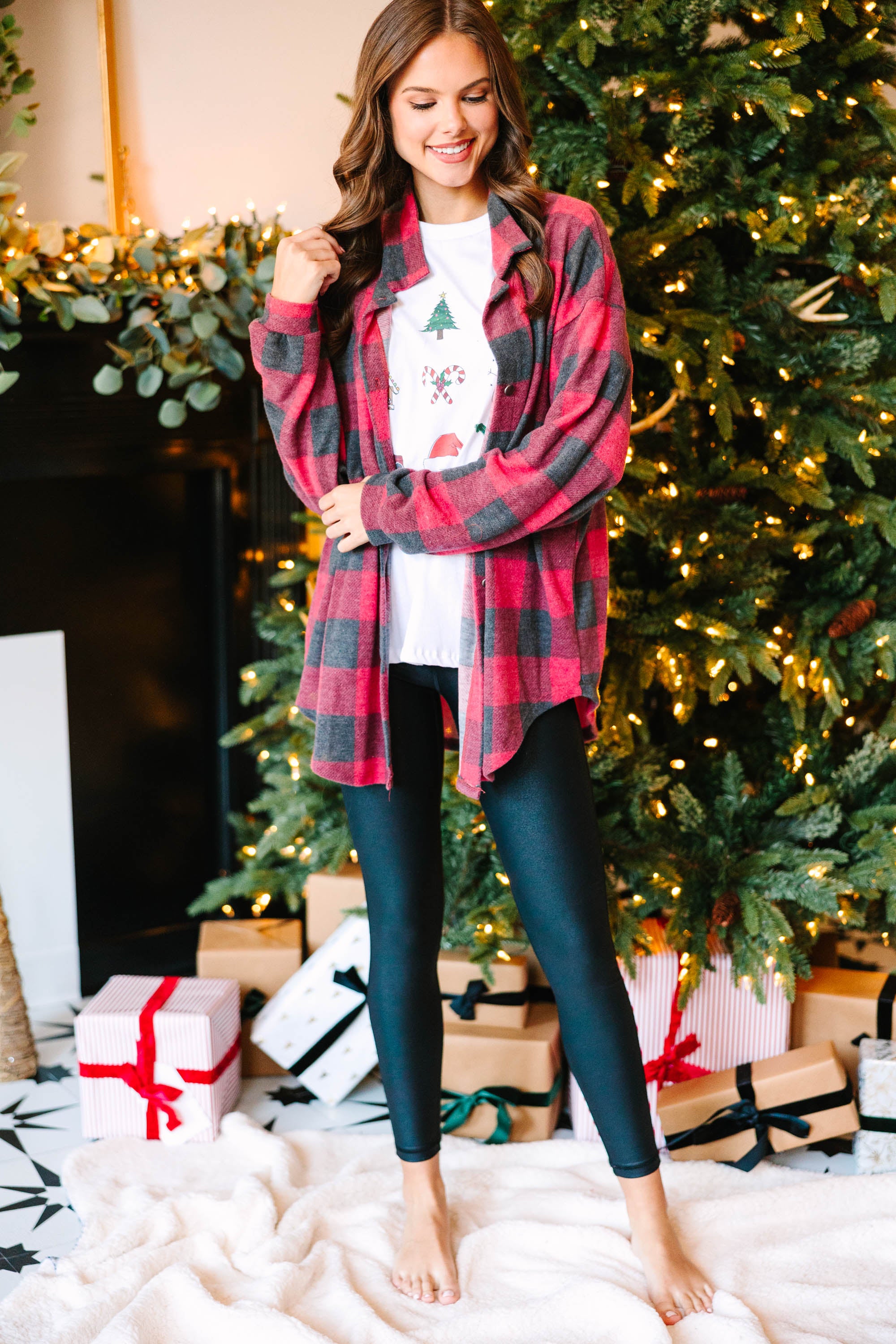 CHIRNAISHOP - Stay Here Red Buffalo Plaid Button Down Top