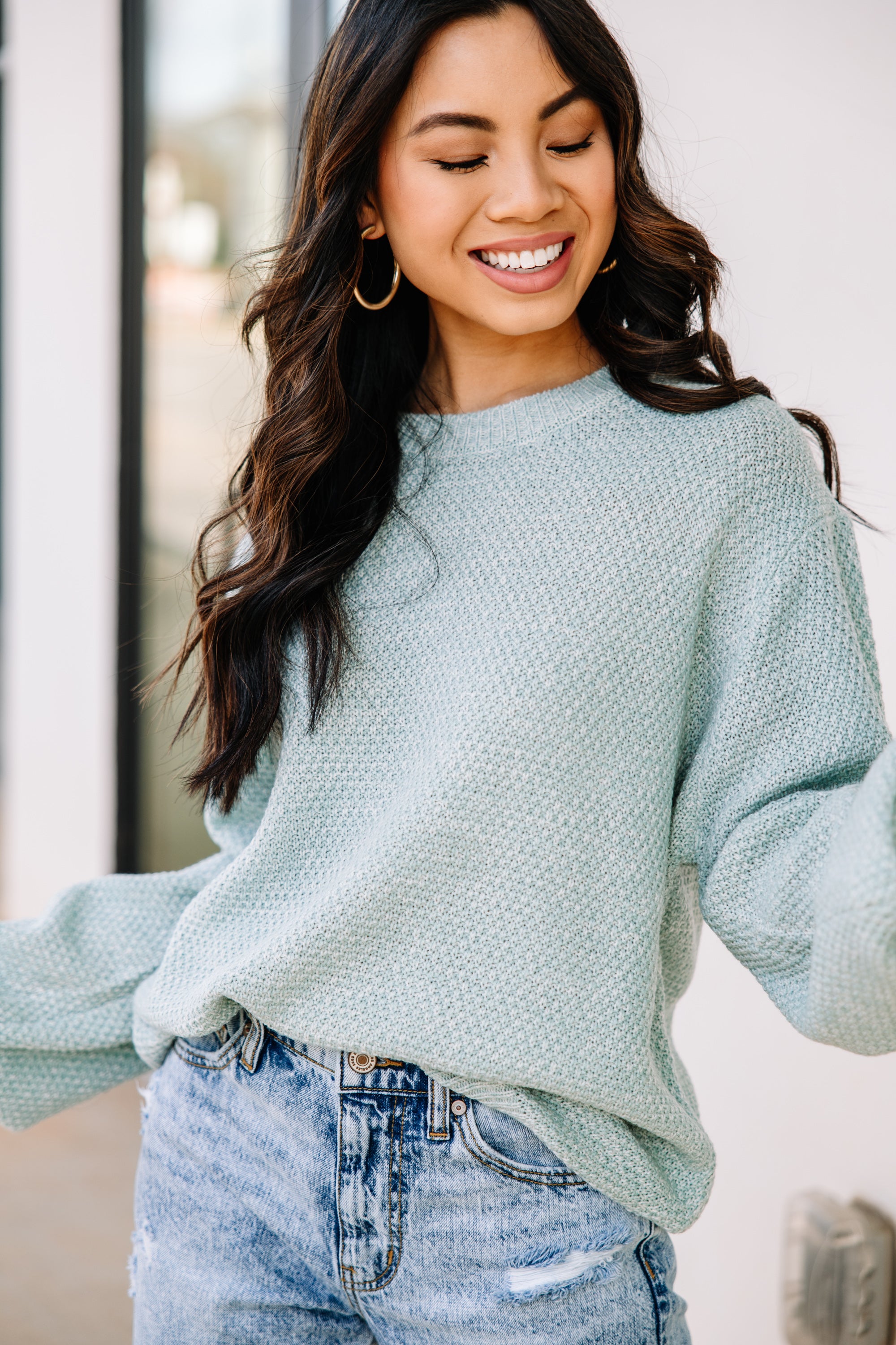 CHIRNAISHOP - The Slouchy Light Green Bubble Sleeve Sweater
