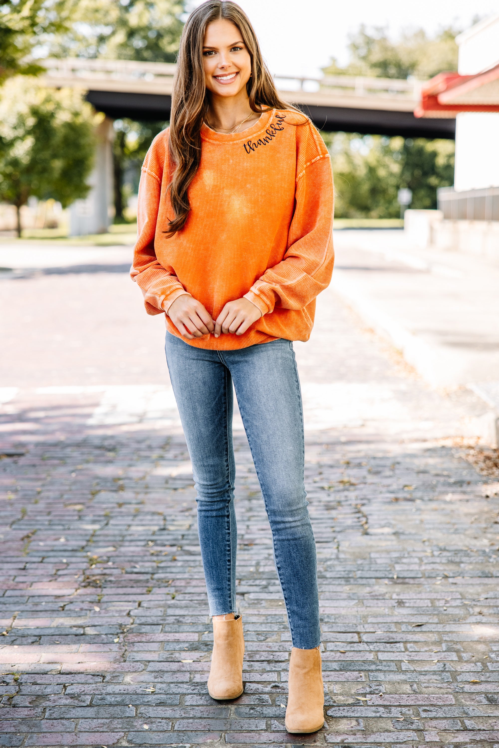 CHIRNAISHOP - Thankful Burnt Orange Corded Embroidered Sweatshirt