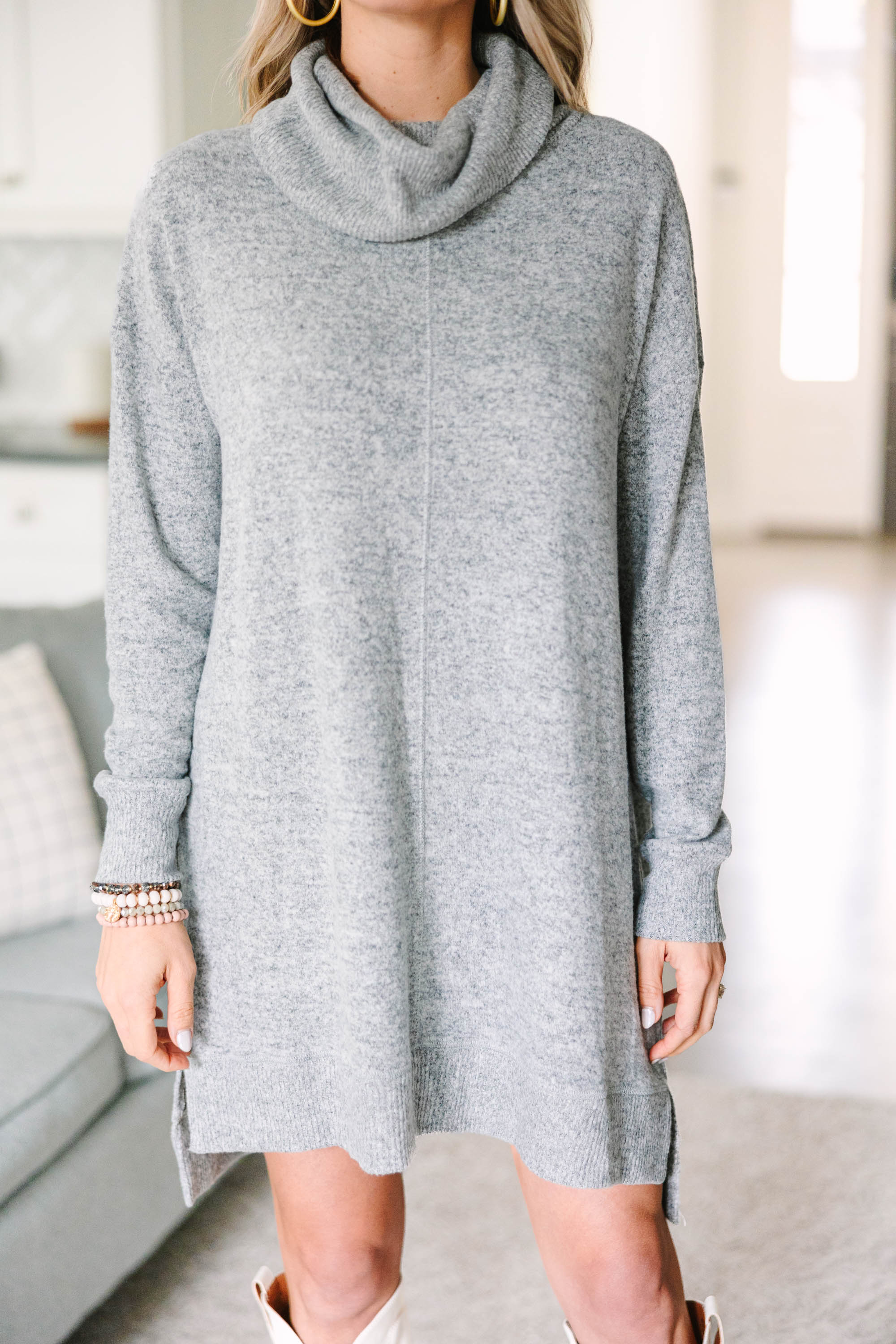 CHIRNAISHOP - Let's See Gray Cowl Neck Sweater Dress
