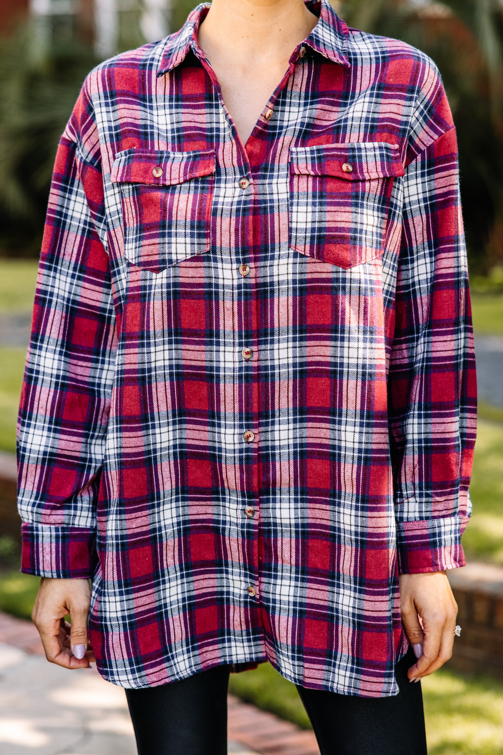 CHIRNAISHOP - Simple Solutions Burgundy Red Plaid Button Down Top