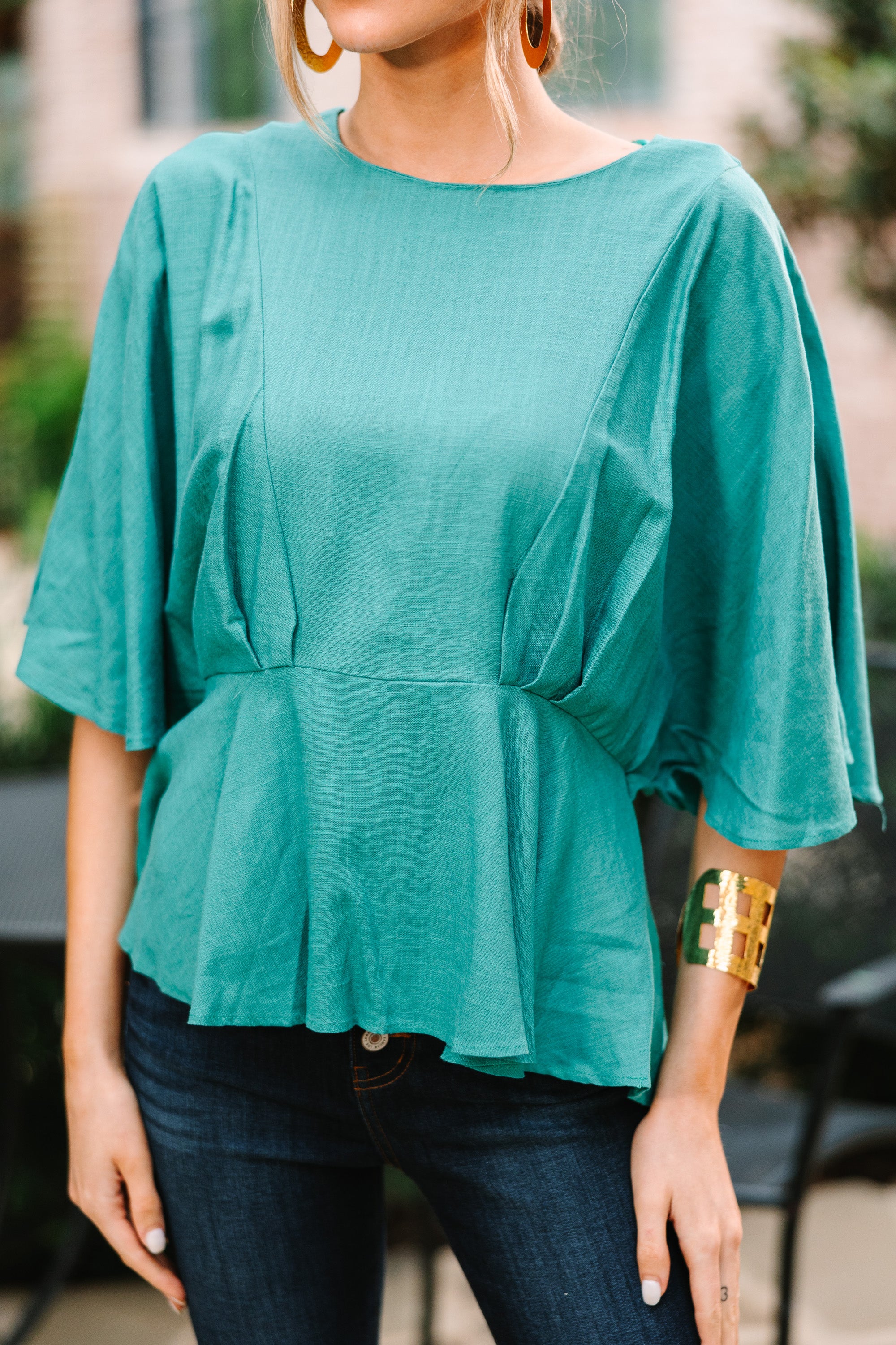 CHIRNAISHOP - Tell Me Everything Jade Green Peplum Linen Top