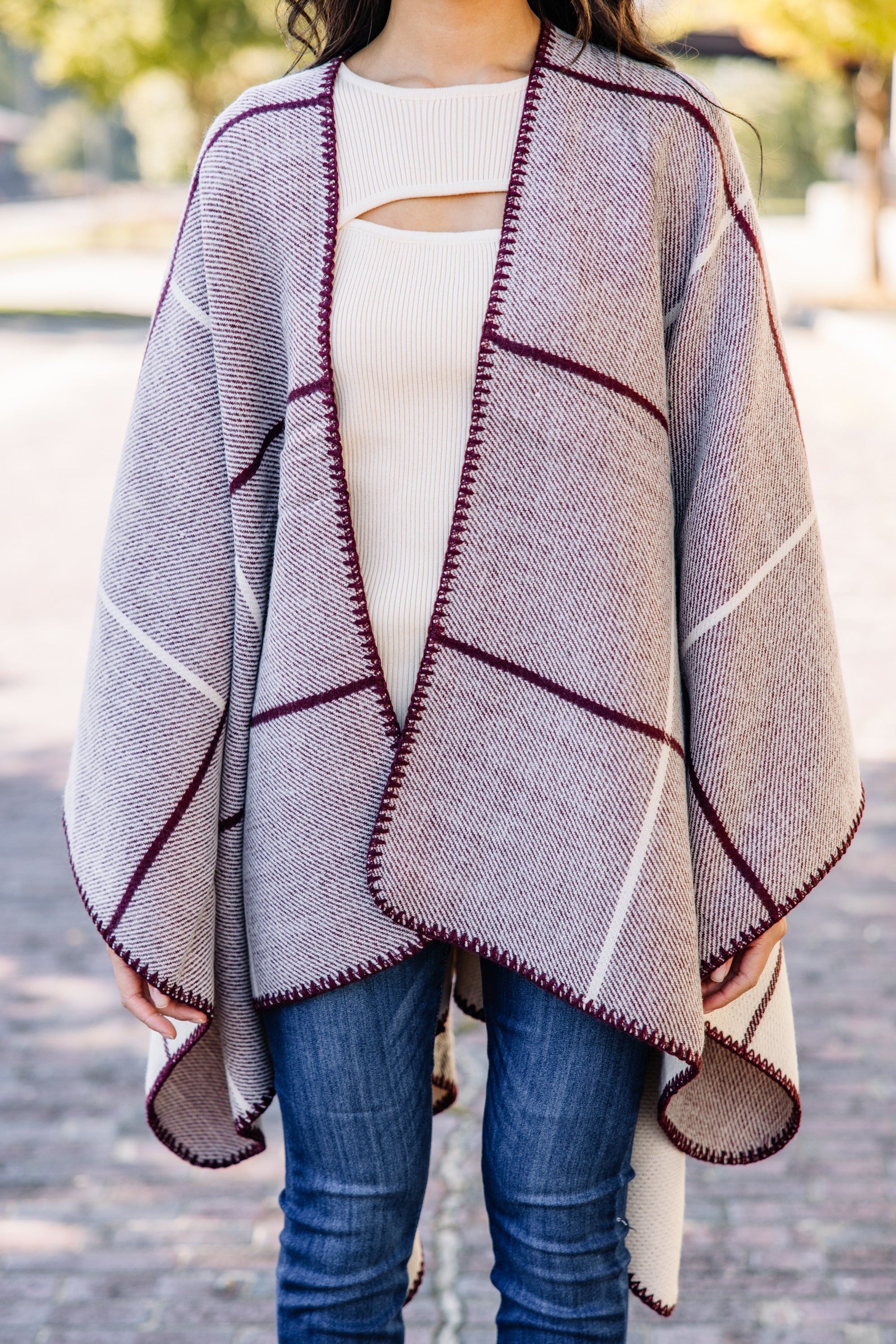 CHIRNAISHOP - Get Going Burgundy Red Plaid Poncho