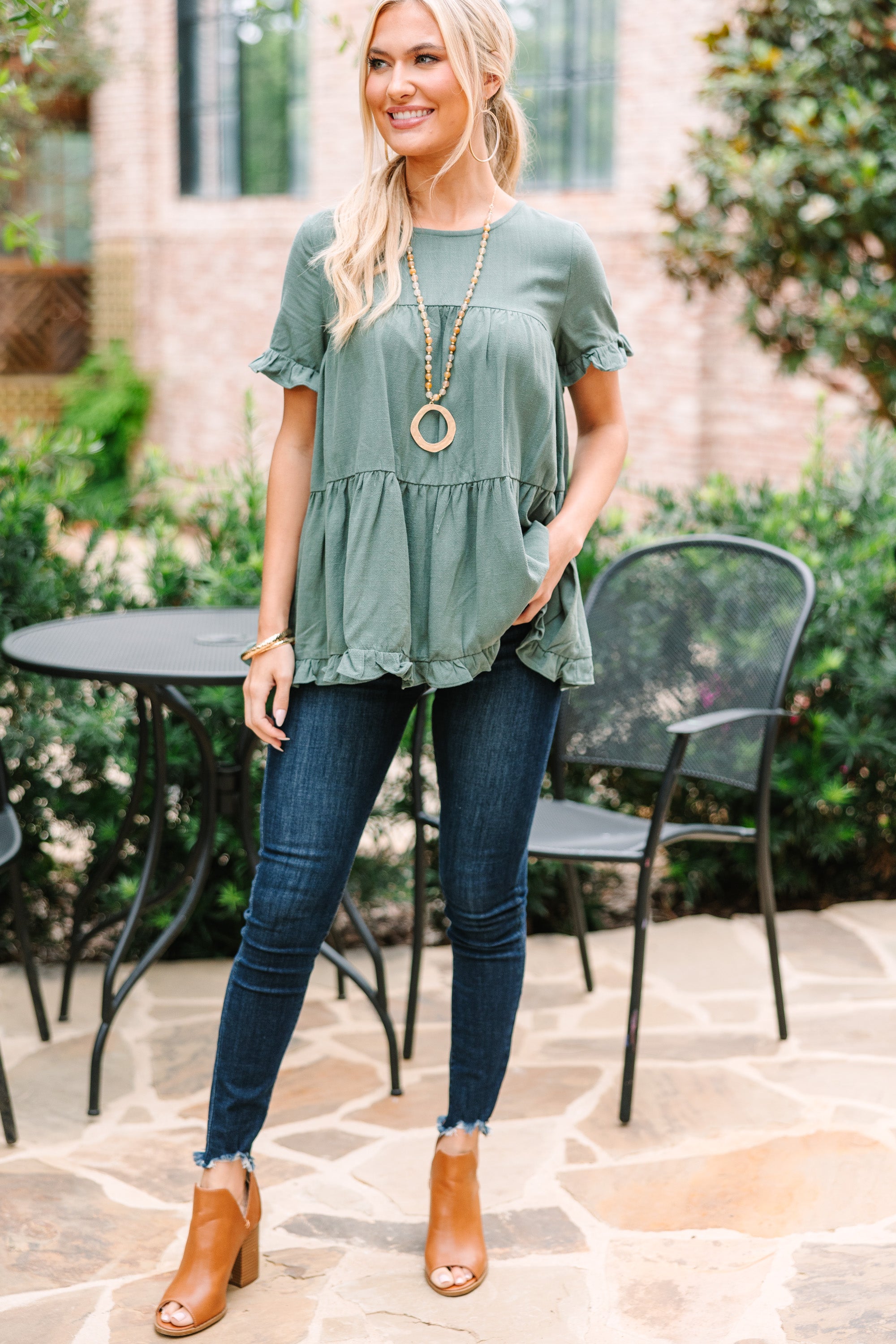 CHIRNAISHOP - All Eyes On Me Lagoon Green Linen Babydoll Top