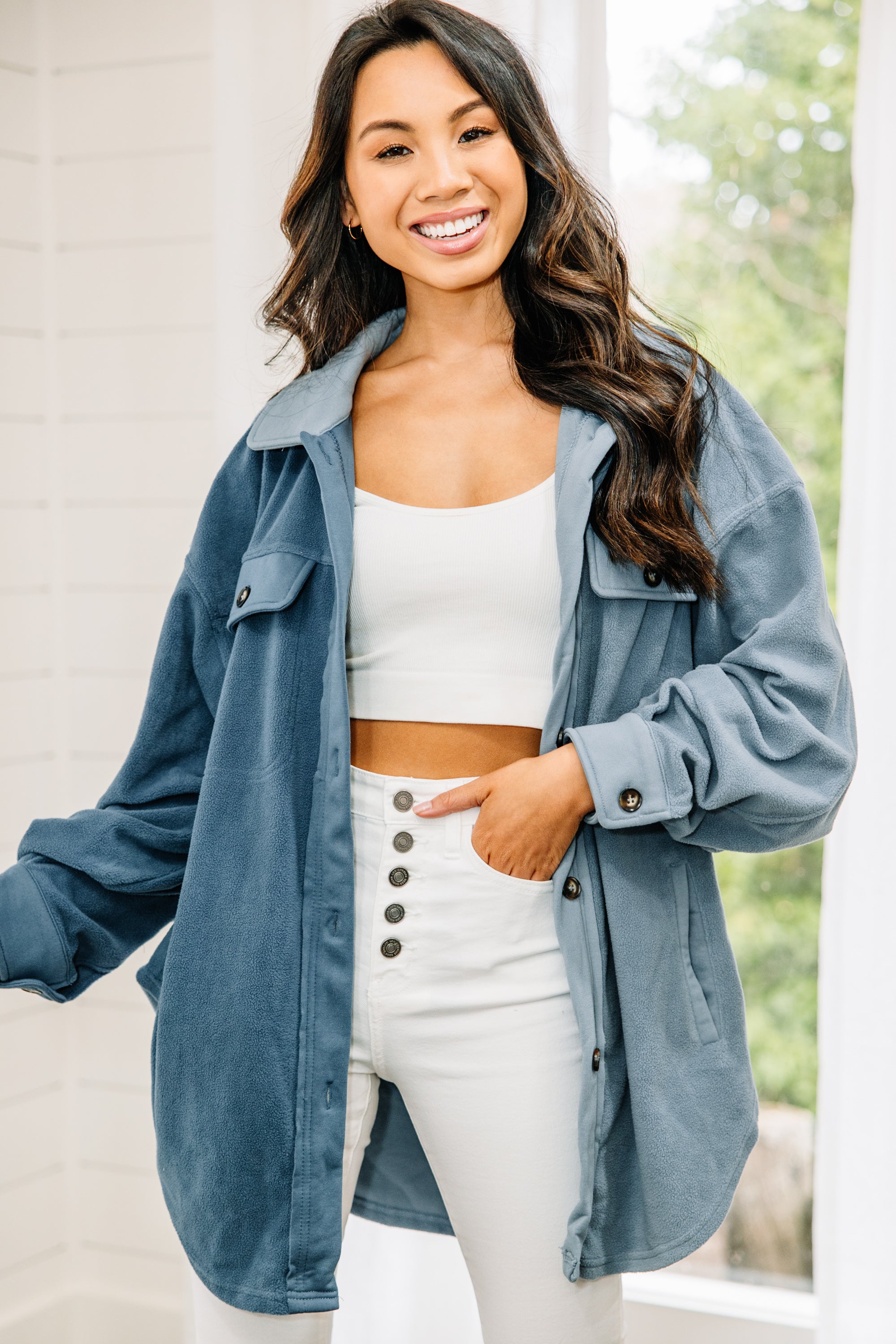 CHIRNAISHOP - Let's Do This Navy Blue Colorblock Fleece Shacket