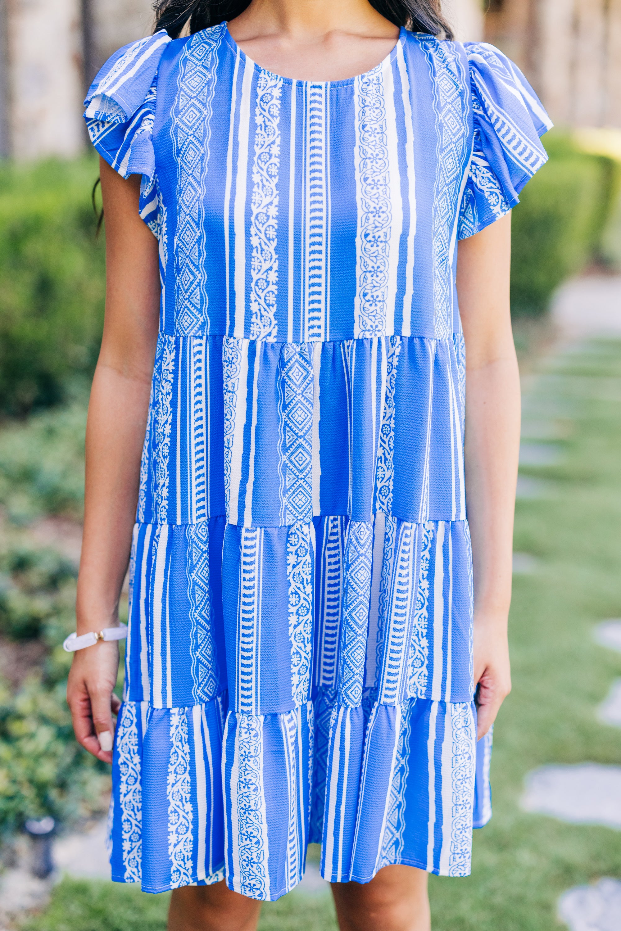 CHIRNAISHOP - Just A Feeling Royal Blue Aztec Striped Dress