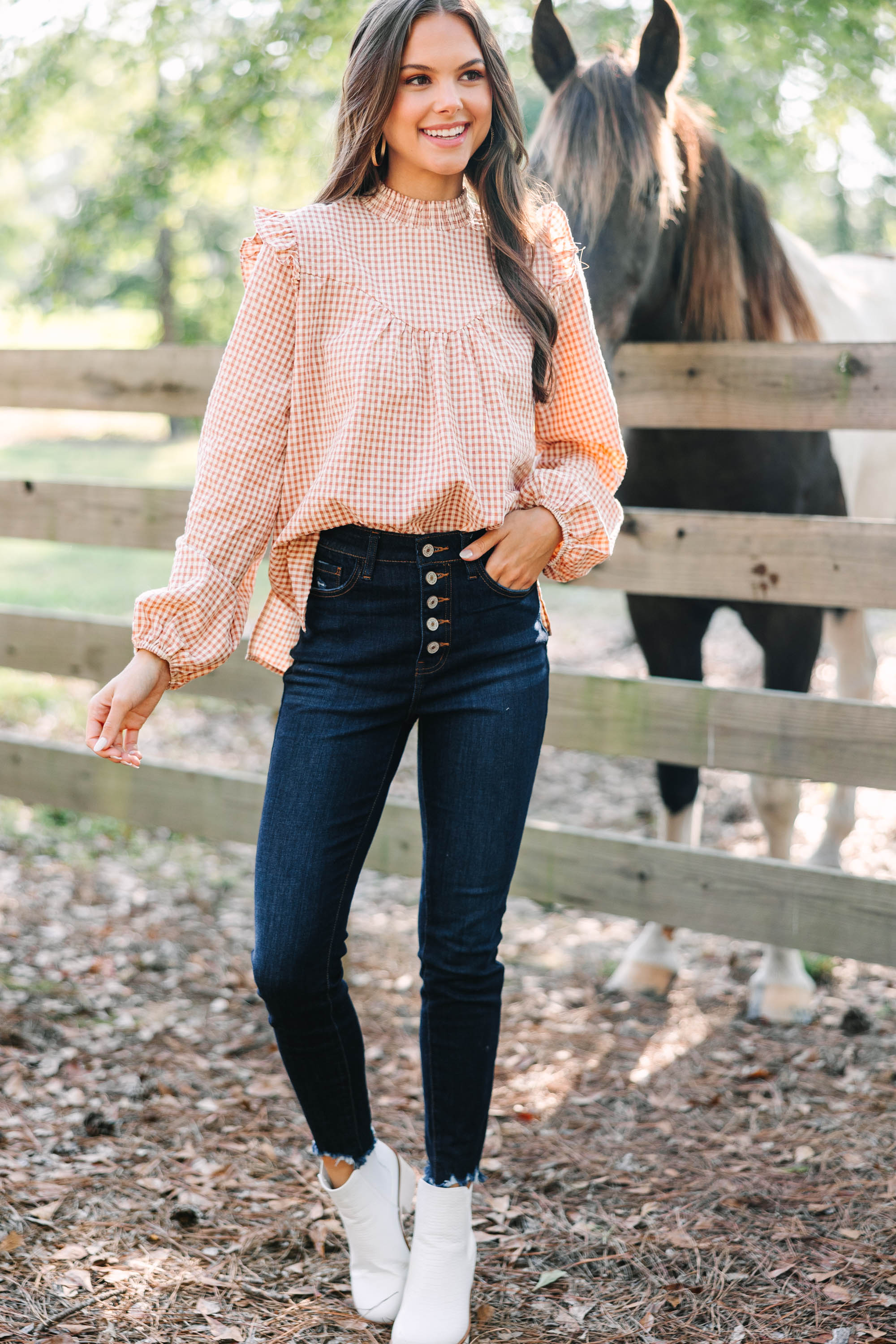 CHIRNAISHOP - Find You Well Rust Orange Gingham Blouse