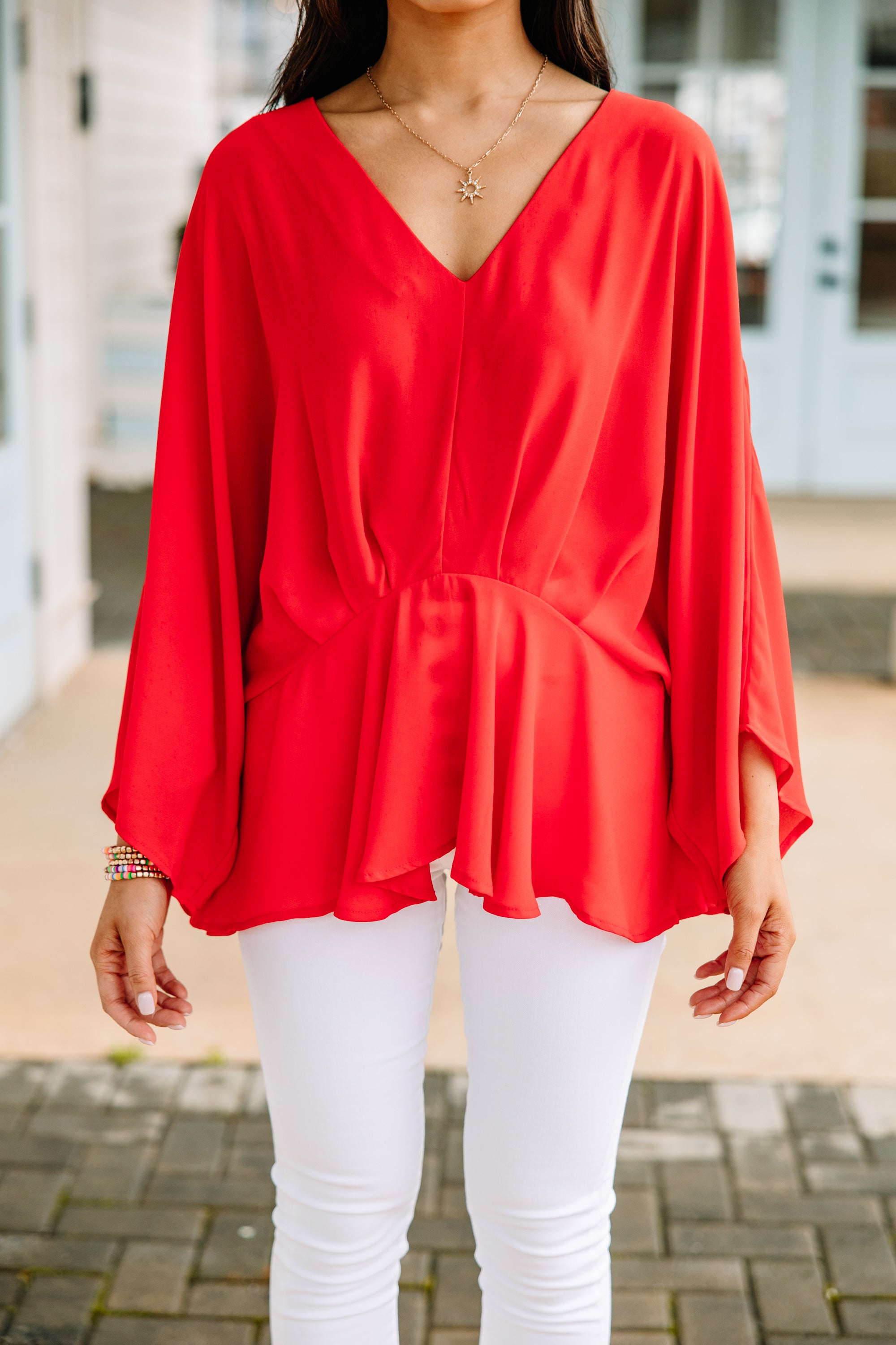 CHIRNAISHOP - Tell It All Red Kimono Sleeve Blouse