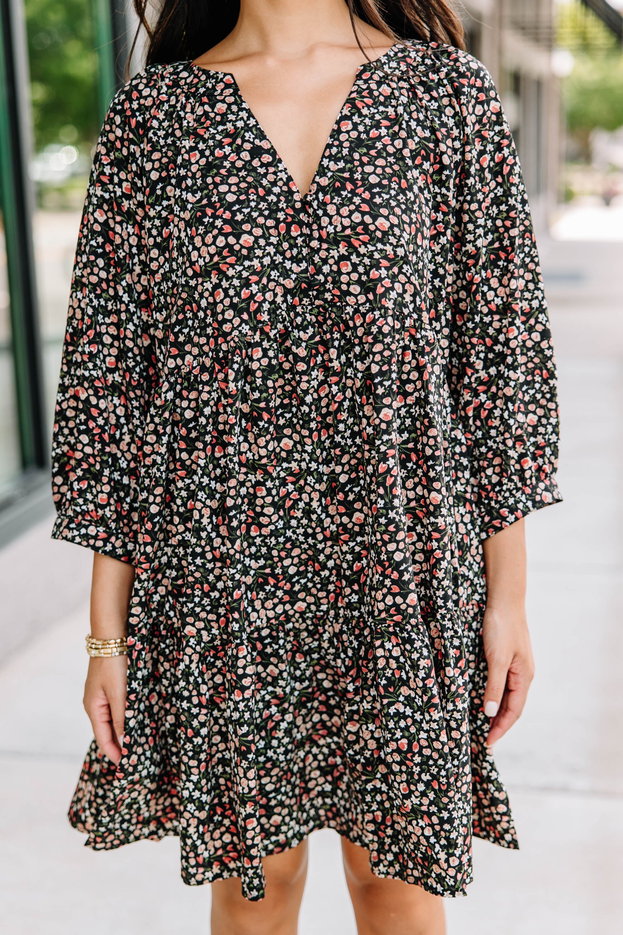 CHIRNAISHOP - Can't Be Outdone Black Ditsy Floral Dress