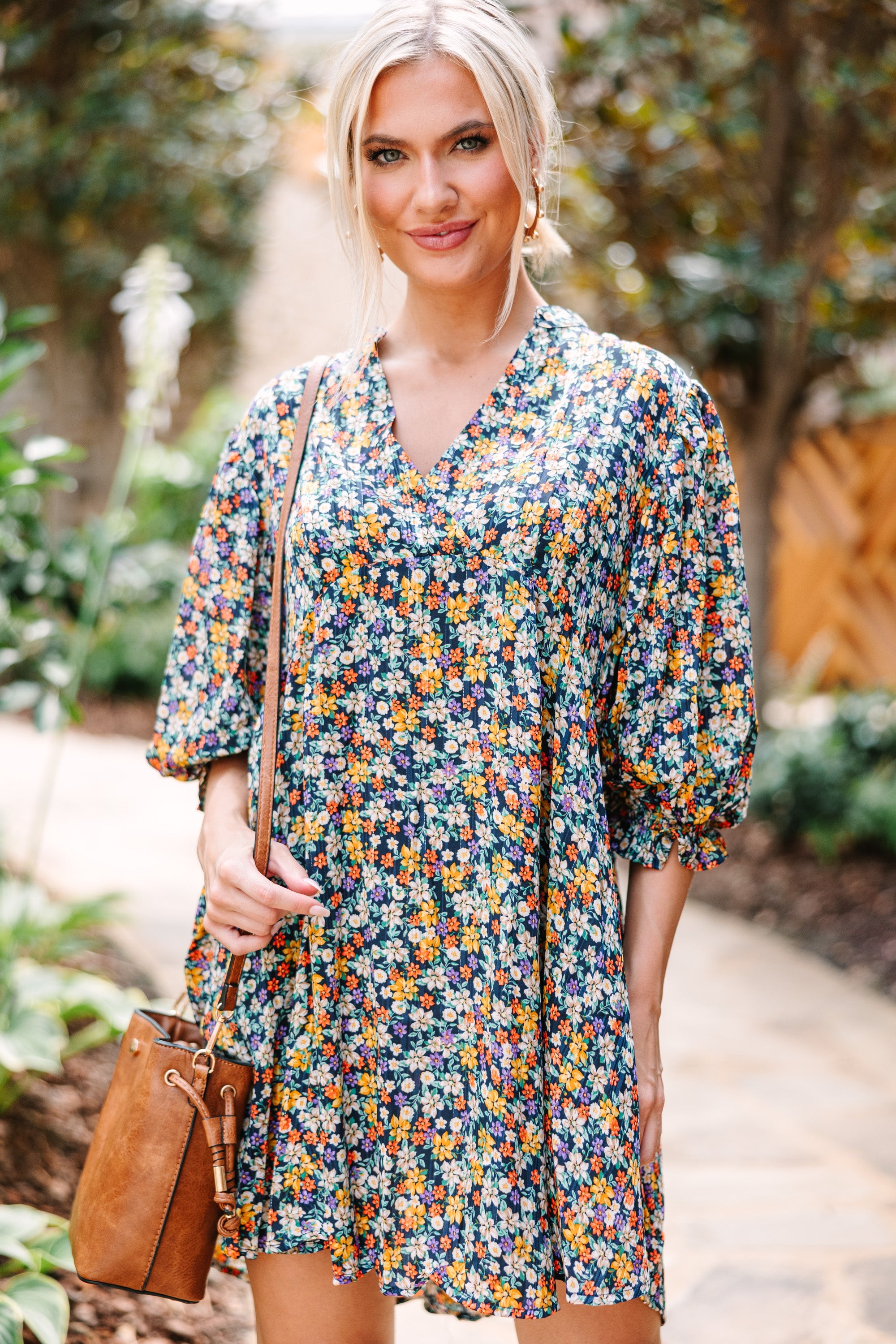 CHIRNAISHOP - Dance For Hours Navy Blue Ditsy Floral Dress